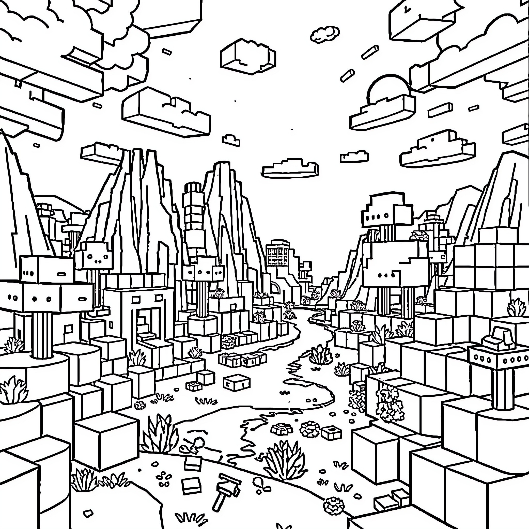 Minecraft Cityscape with Diverse Structures and Landscapes Coloring Page (free black-and-white line drawing printable PDF for all, from beginners to advanced learners, including children, teens, adults, and seniors)