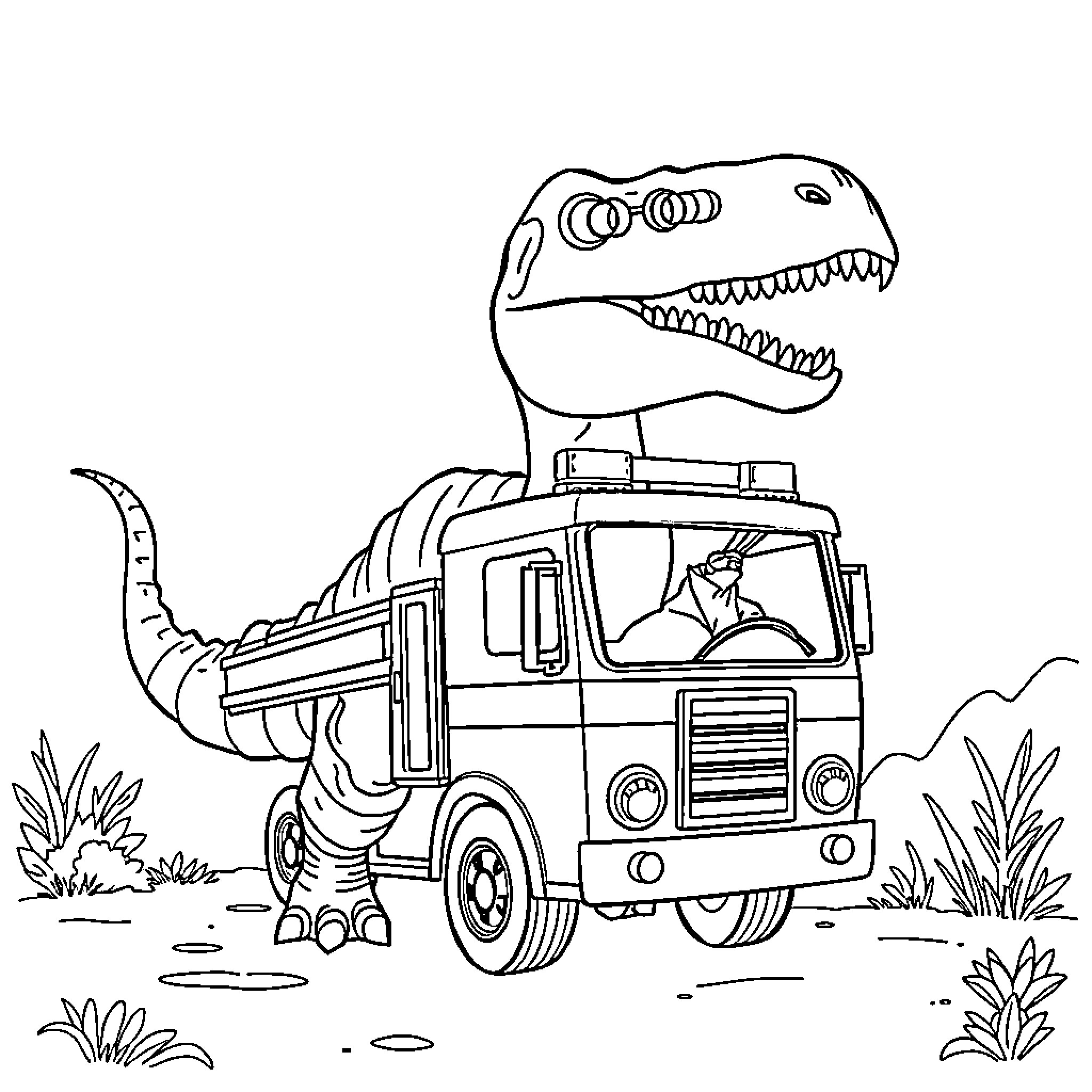 Dino Enjoying Ride on Rooftop Truck Coloring Page (free black-and-white line drawing printable PDF for all, from beginners to advanced learners, including children, teens, adults, and seniors)