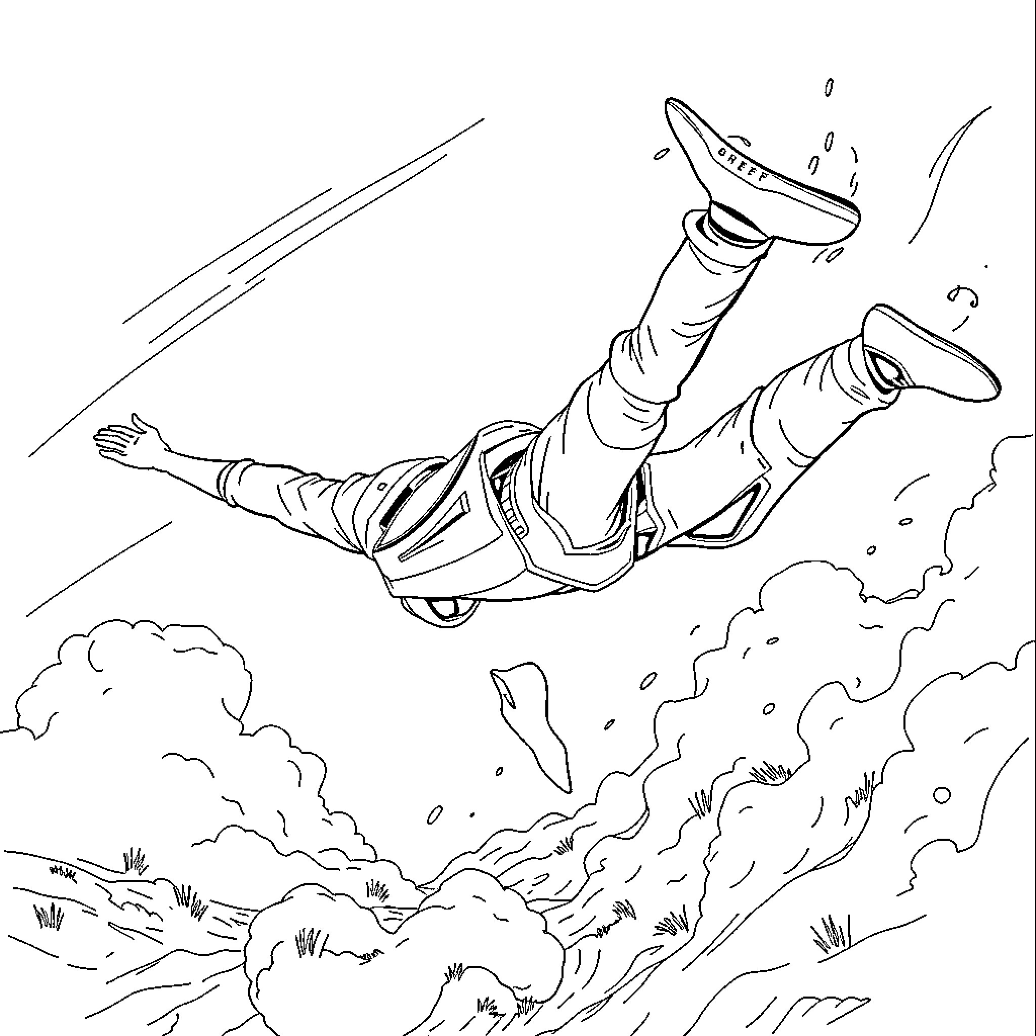 Man falling rapidly from the sky Coloring Page (free black-and-white line drawing printable PDF for all, from beginners to advanced learners, including children, teens, adults, and seniors)