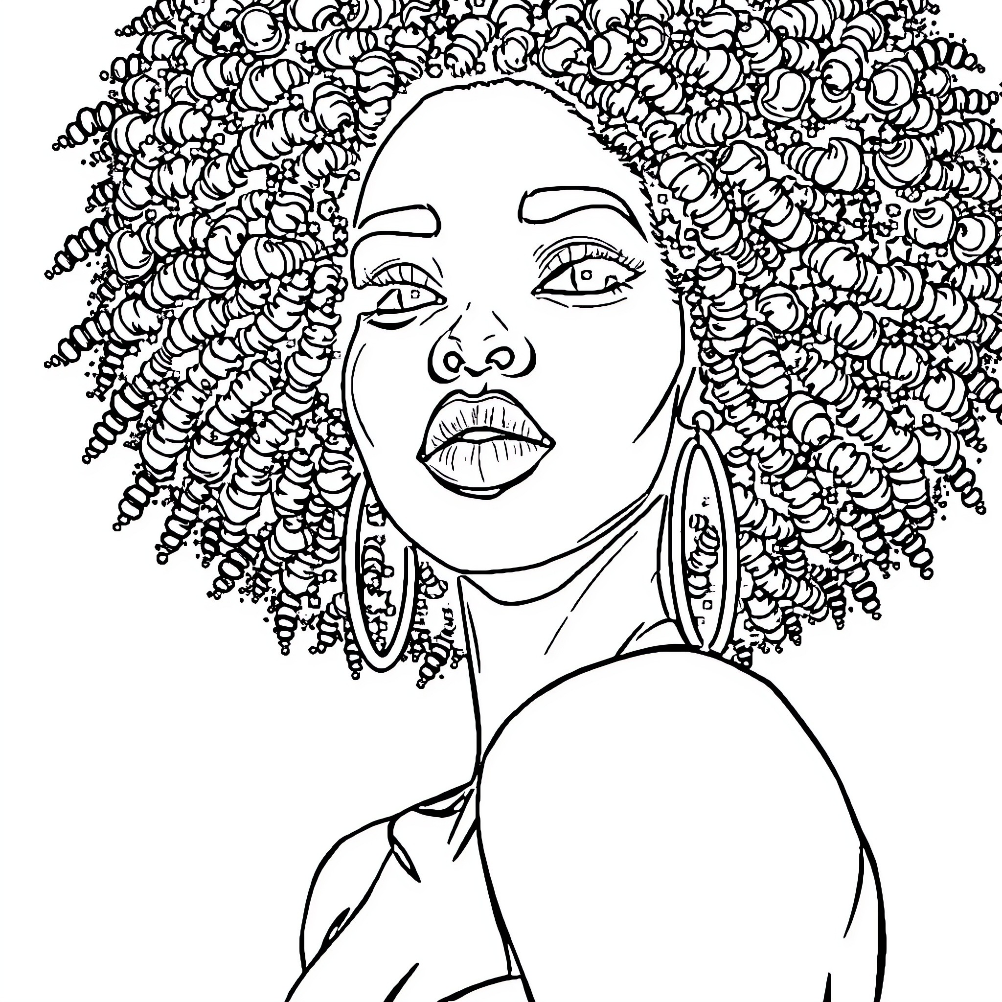 Malian Woman with Elaborate Hairstyle Coloring Page (free black-and-white line drawing printable PDF for all, from beginners to advanced learners, including children, teens, adults, and seniors)
