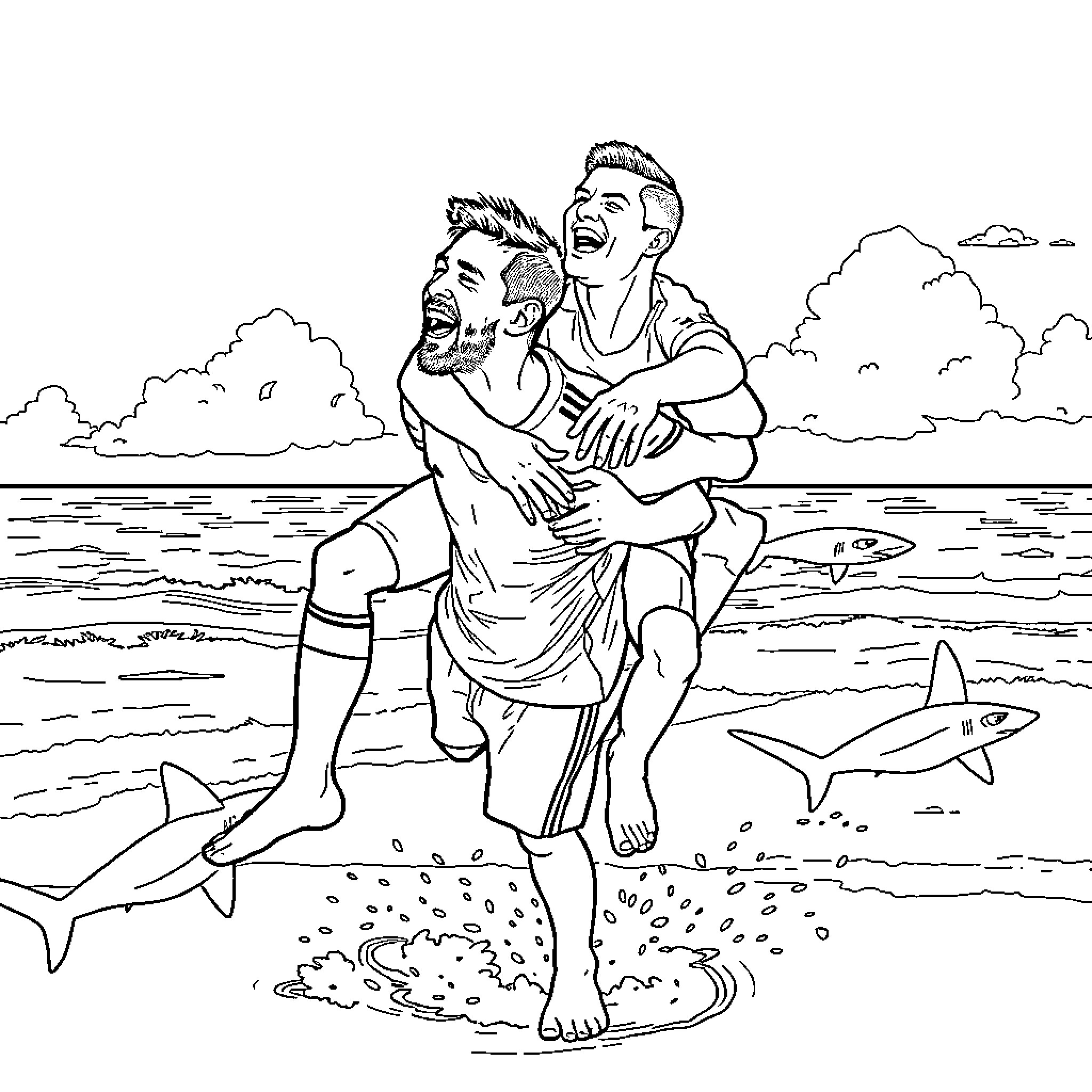 Lion friends swimming joyfully with sharks Coloring Page (free black-and-white line drawing printable PDF for all, from beginners to advanced learners, including children, teens, adults, and seniors)