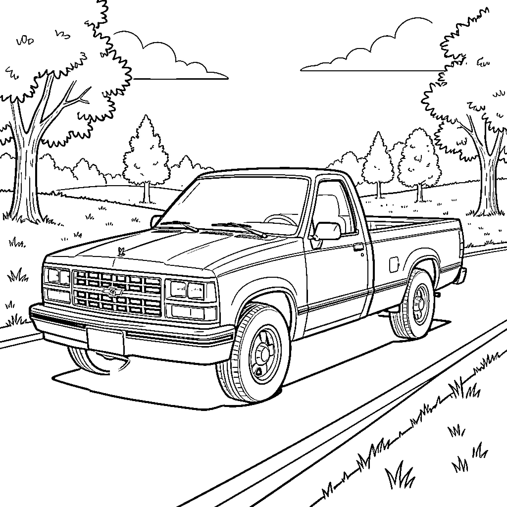 Chevy S10 parked on a quiet road Coloring Page (free black-and-white line drawing printable PDF for all, from beginners to advanced learners, including children, teens, adults, and seniors)
