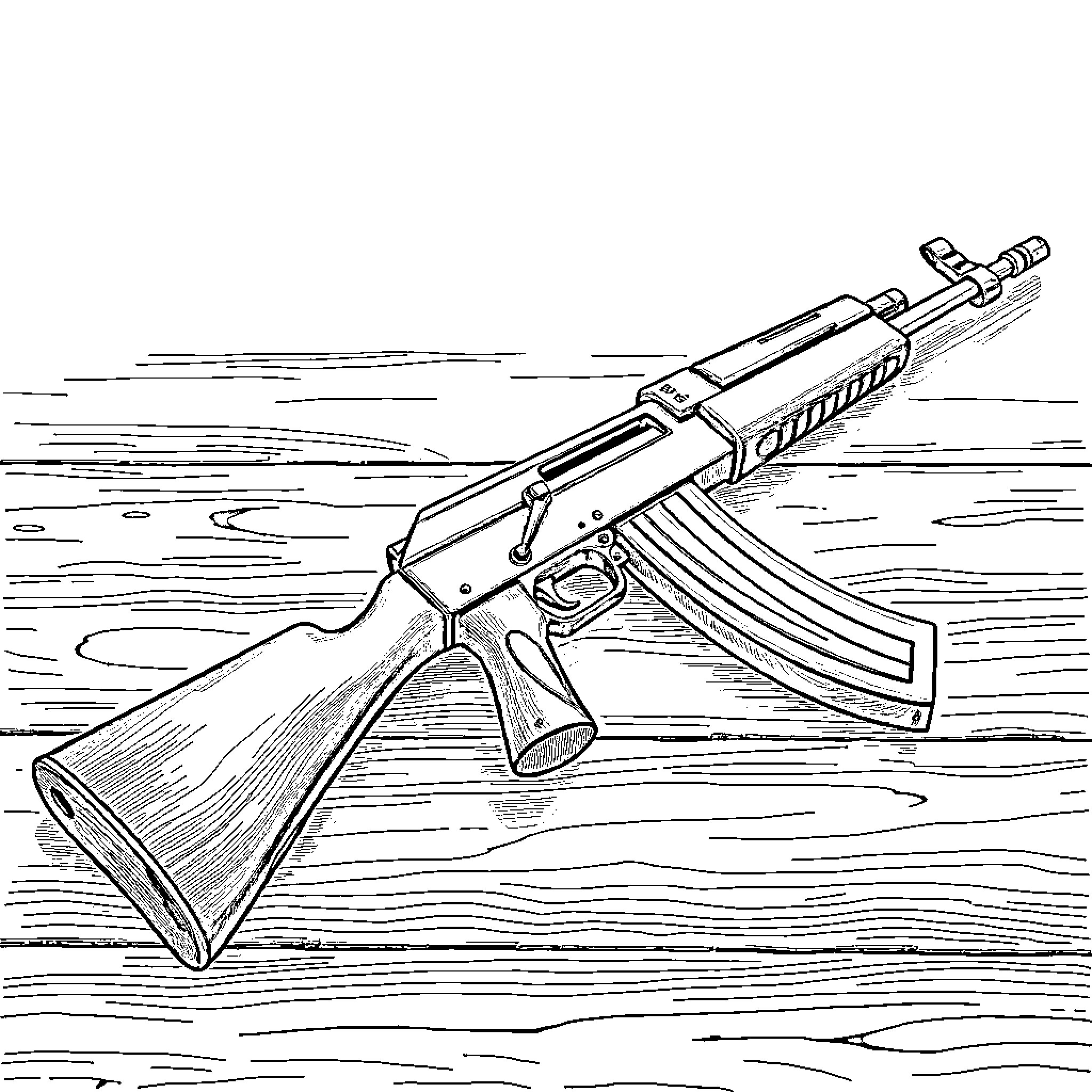 Rifle in action against a natural backdrop Coloring Page (free black-and-white line drawing printable PDF for all, from beginners to advanced learners, including children, teens, adults, and seniors)