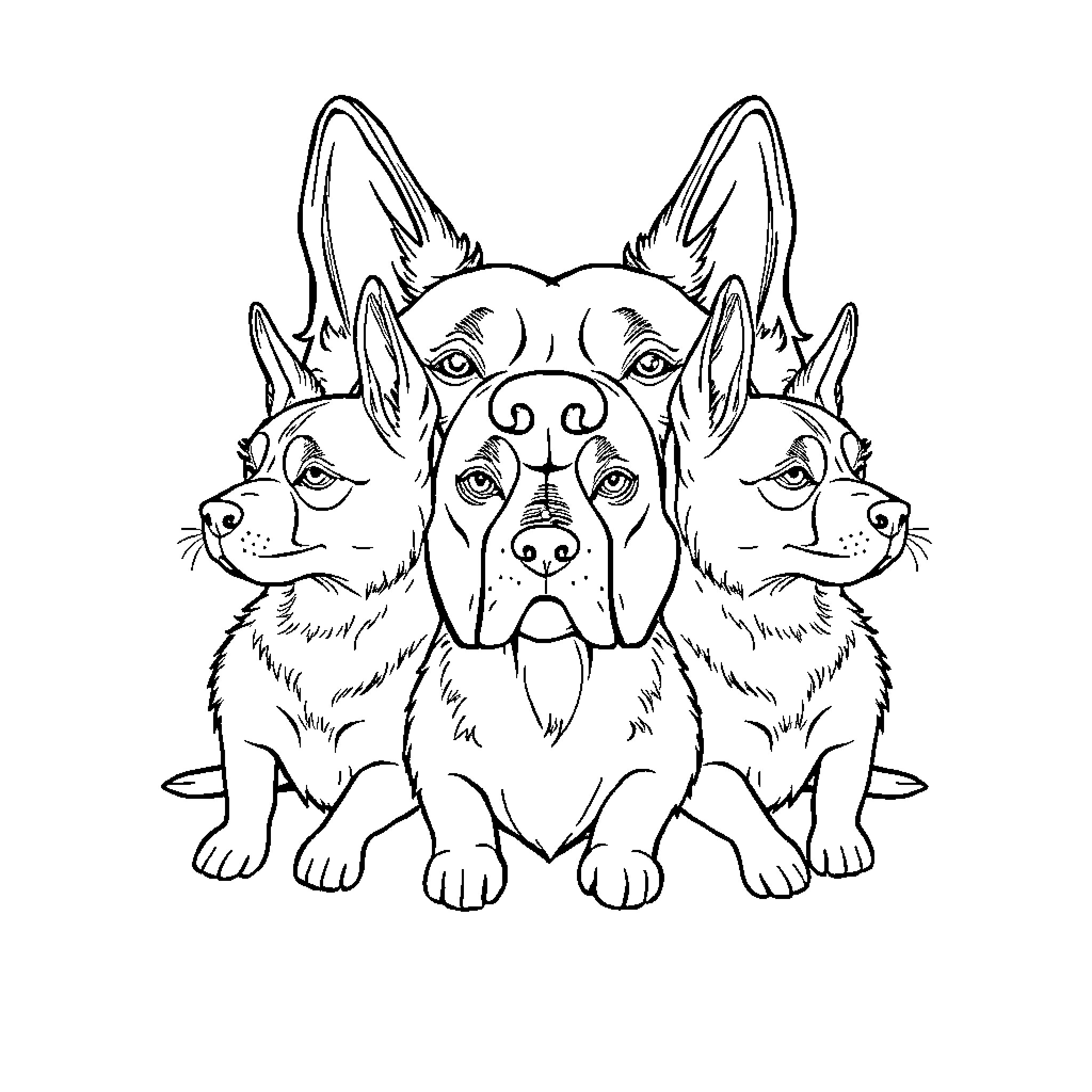 Three-Headed Dog Guarding Watchfully Coloring Page (free black-and-white line drawing printable PDF for all, from beginners to advanced learners, including children, teens, adults, and seniors)