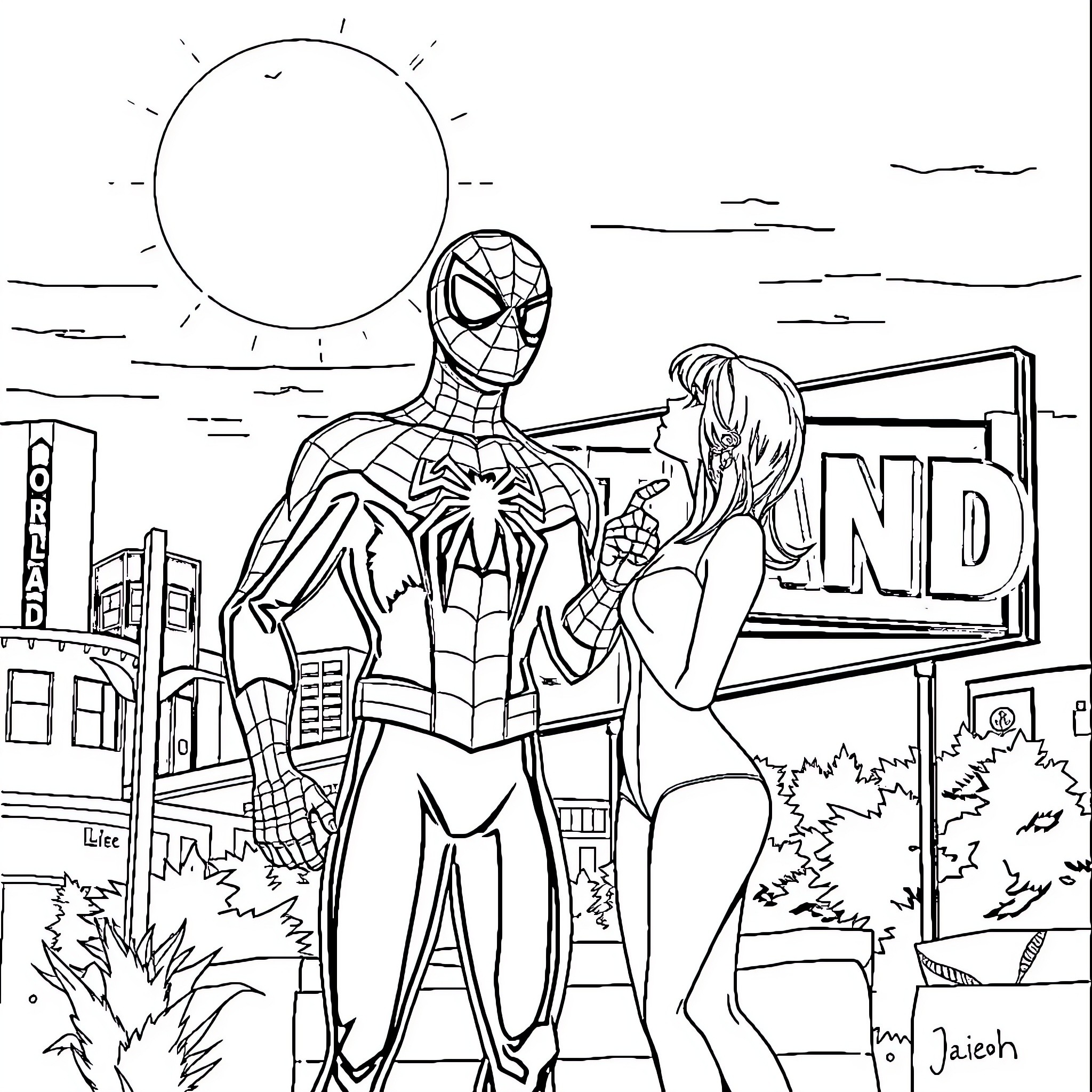 Spiderman saving a woman in the city Coloring Page (free black-and-white line drawing printable PDF for all, from beginners to advanced learners, including children, teens, adults, and seniors)