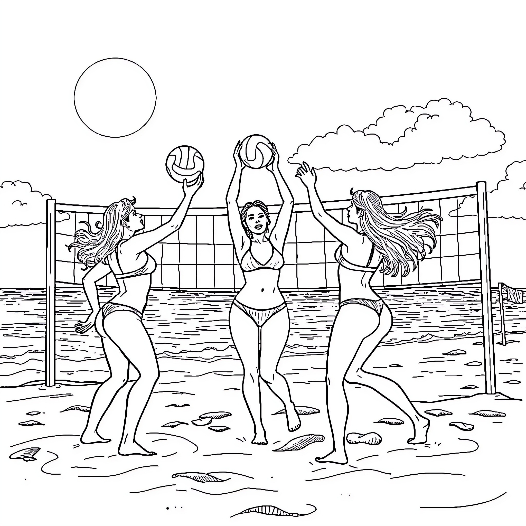Girl plays beach volleyball with friends Coloring Page (free black-and-white line drawing printable PDF for all, from beginners to advanced learners, including children, teens, adults, and seniors)