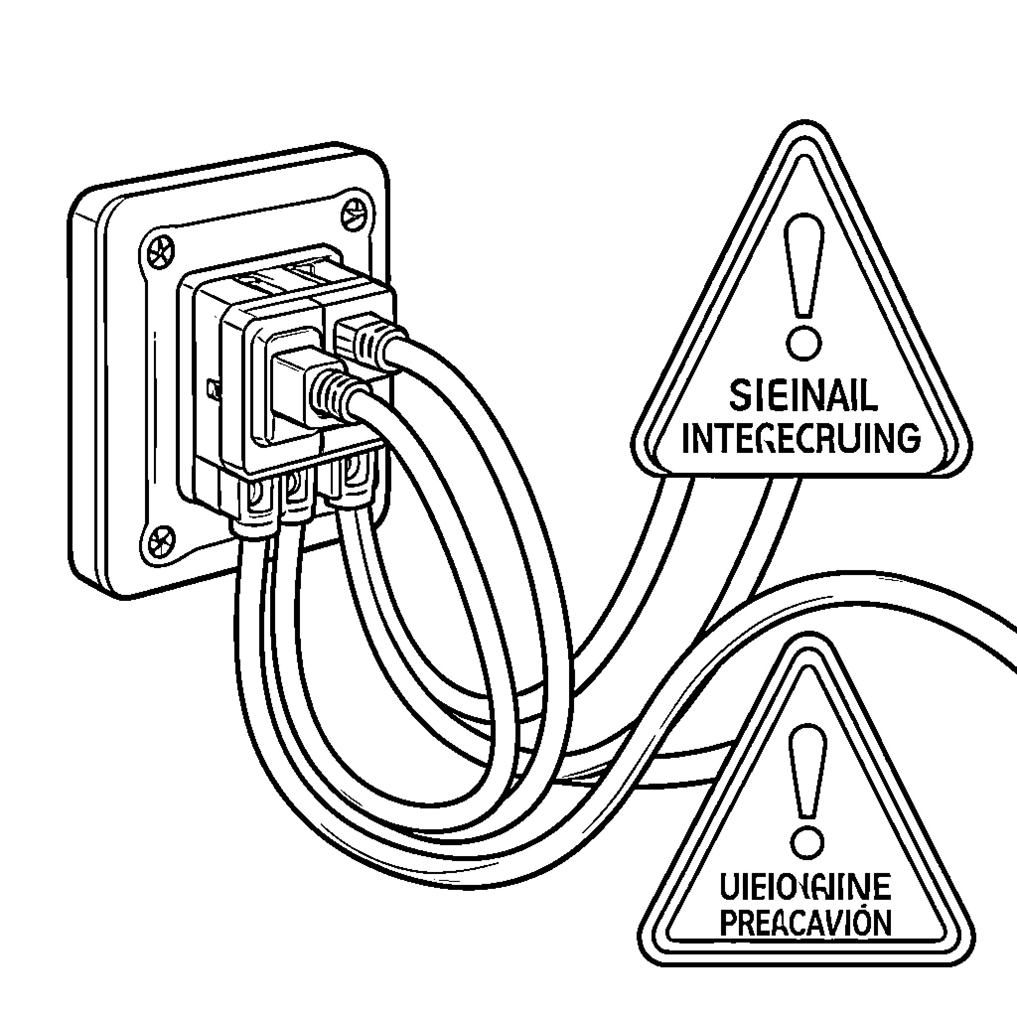Cable connections emerging from a wall socket with warning signs Coloring Page (free black-and-white line drawing printable PDF for all, from beginners to advanced learners, including children, teens, adults, and seniors)