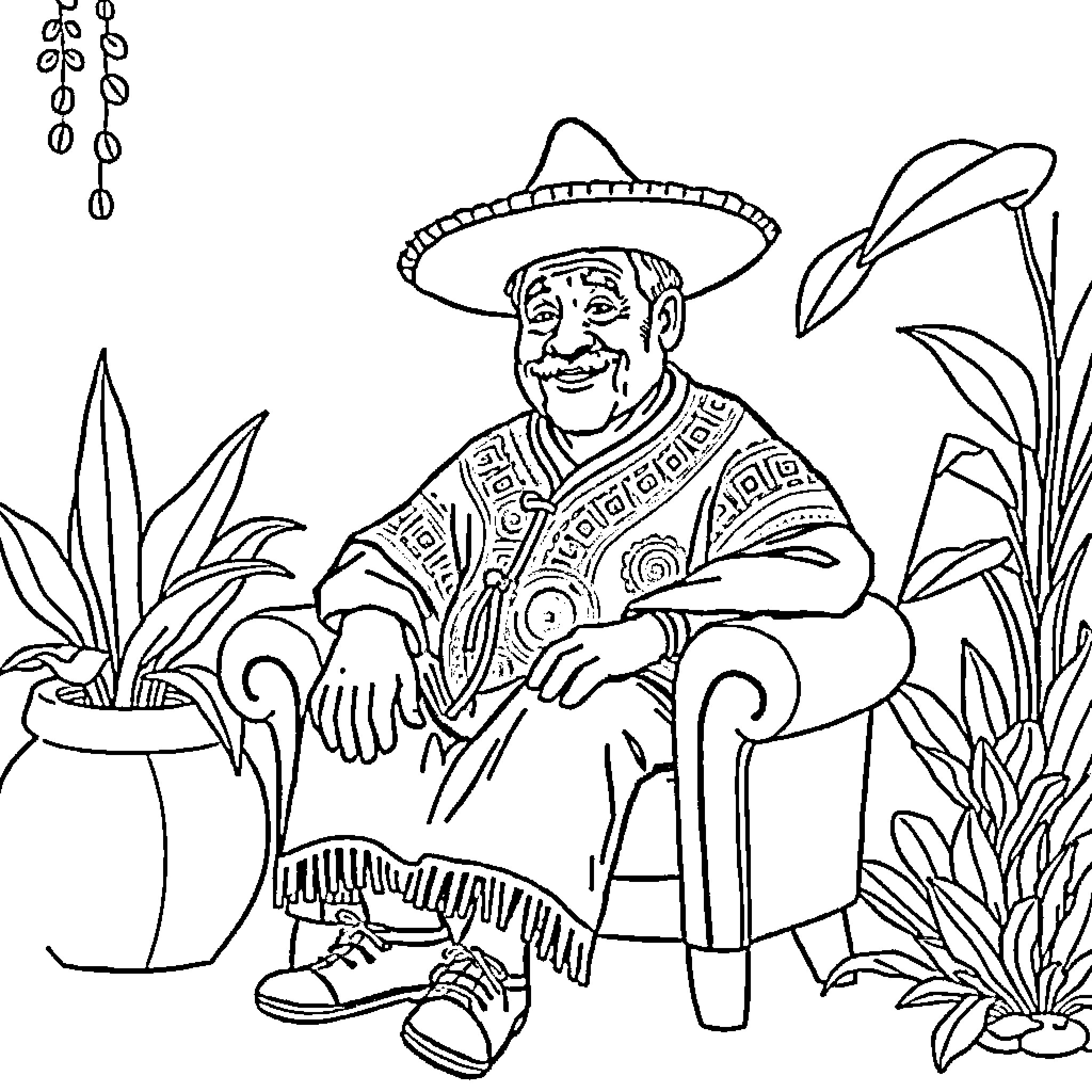 Señor Pesol enjoying a relaxing moment in nature Coloring Page (free black-and-white line drawing printable PDF for all, from beginners to advanced learners, including children, teens, adults, and seniors)