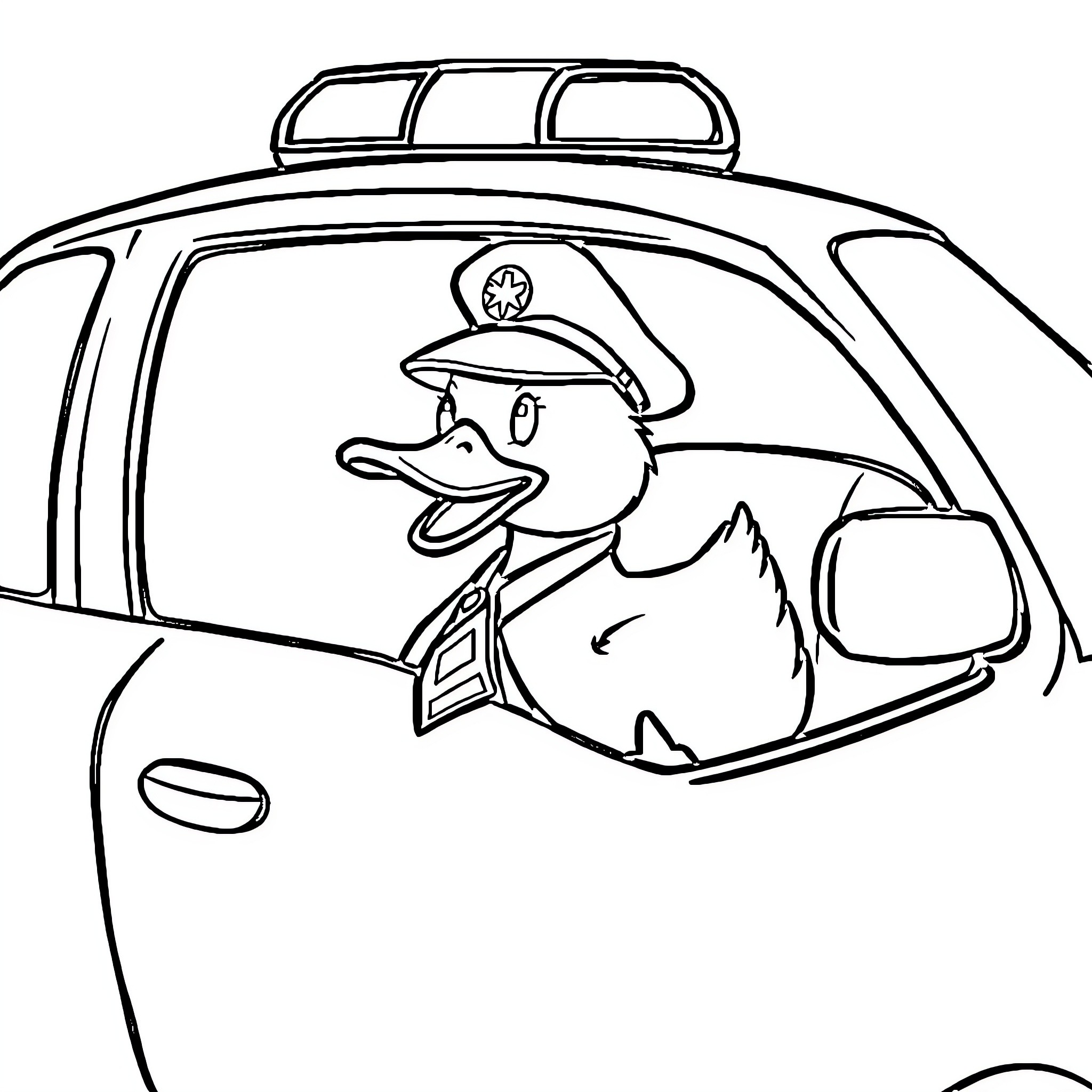 Duck Police Officer Driving a Police Car Coloring Page (free black-and-white line drawing printable PDF for all, from beginners to advanced learners, including children, teens, adults, and seniors)