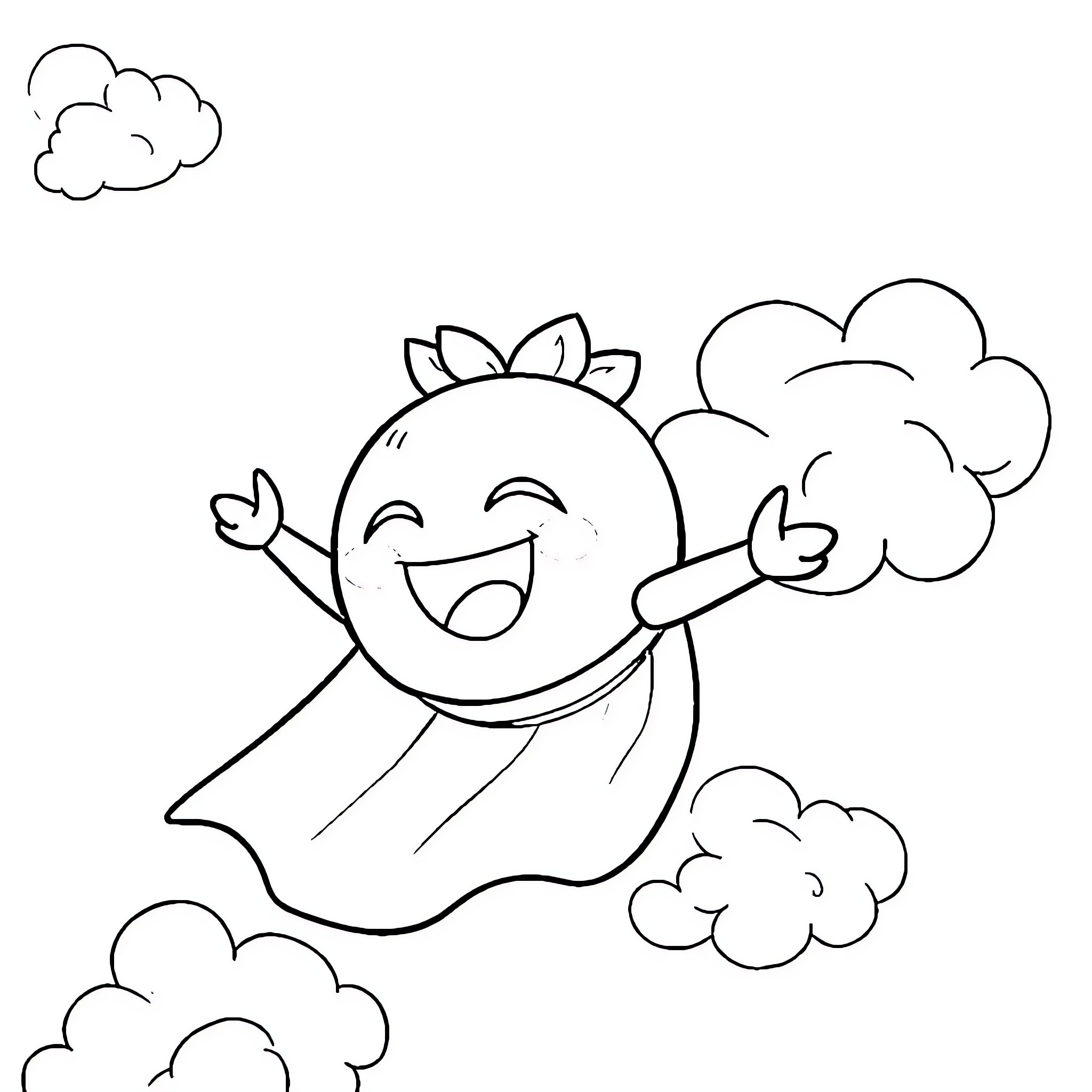Blueberry character joyfully floating among clouds Coloring Page (free black-and-white line drawing printable PDF for all, from beginners to advanced learners, including children, teens, adults, and seniors)