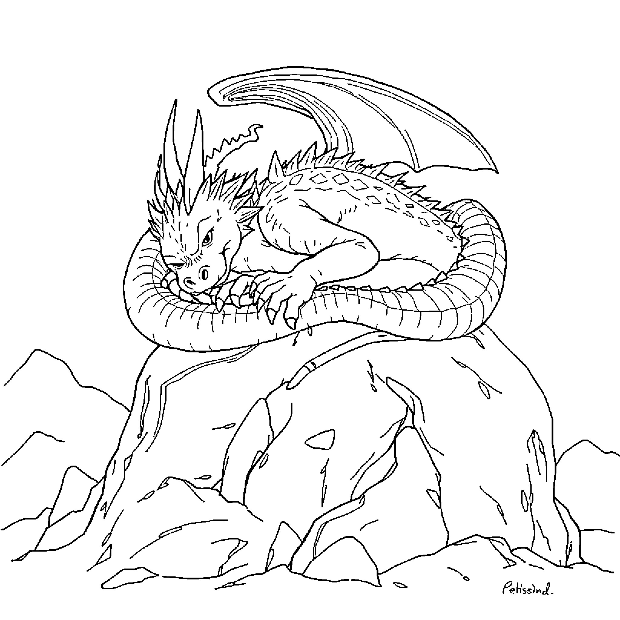 Dragon resting on a rocky mountain Coloring Page (free black-and-white line drawing printable PDF for all, from beginners to advanced learners, including children, teens, adults, and seniors)