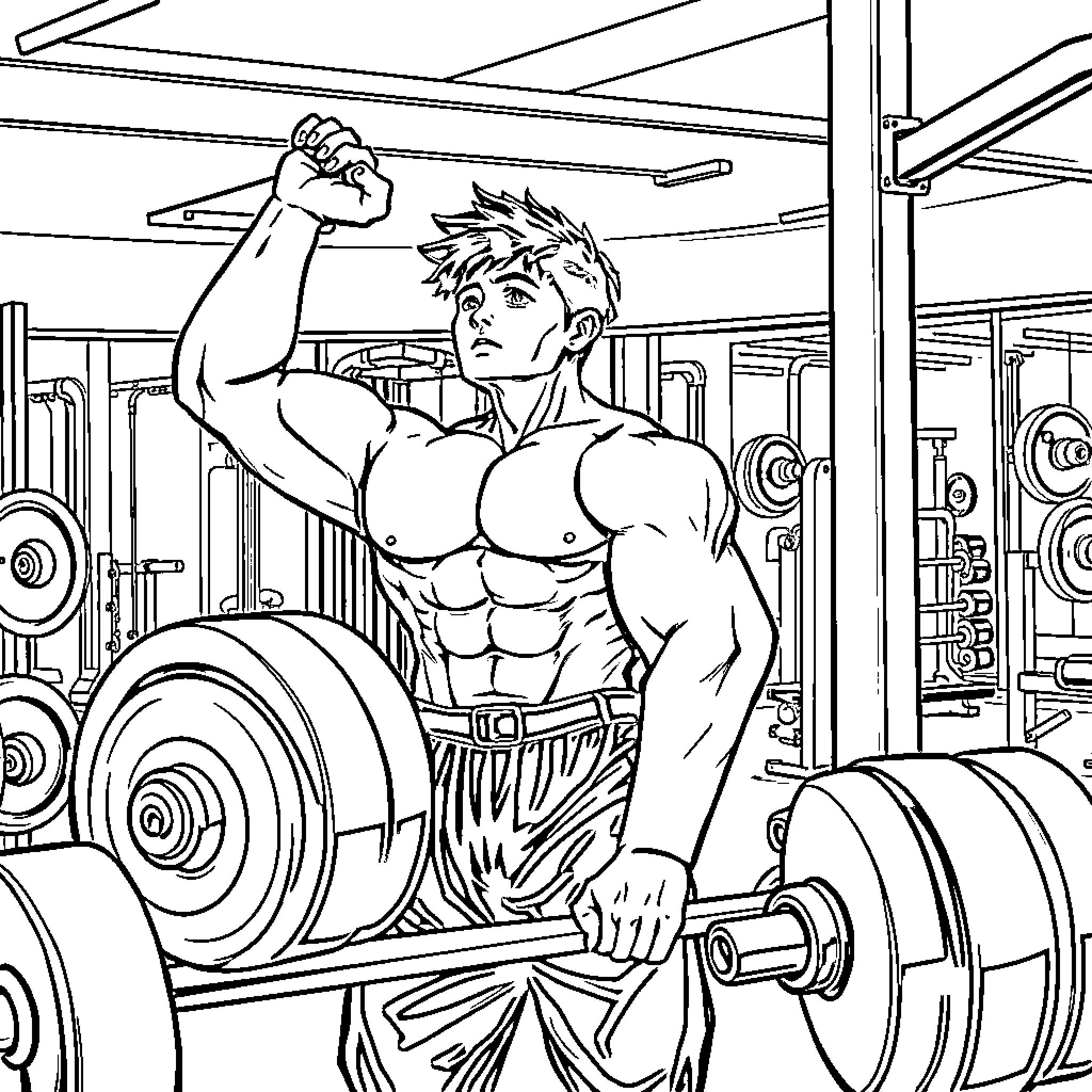 Jeon Jungkook working out intensely at the gym Coloring Page (free black-and-white line drawing printable PDF for all, from beginners to advanced learners, including children, teens, adults, and seniors)