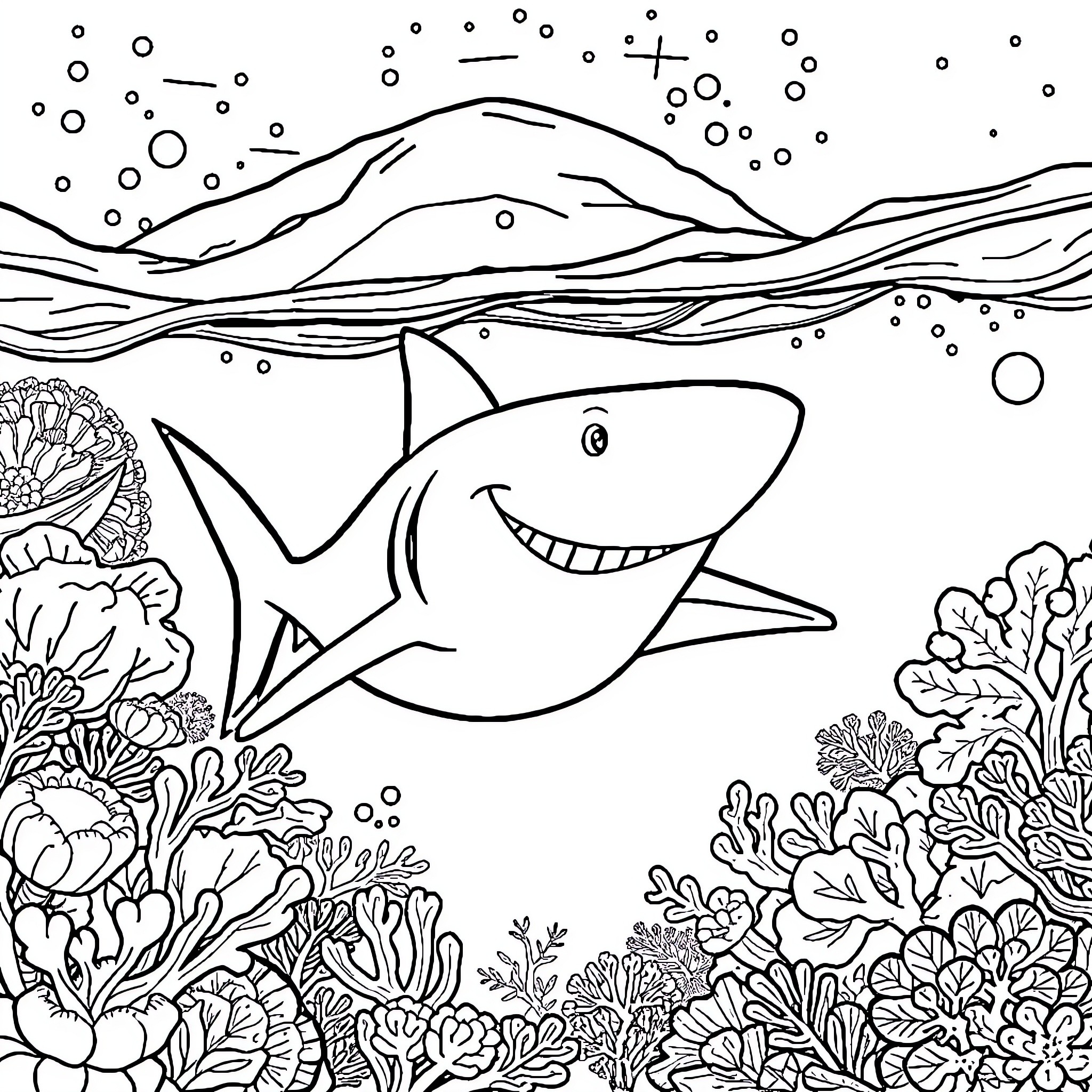 Shark swimming happily in the ocean Coloring Page (free black-and-white line drawing printable PDF for all, from beginners to advanced learners, including children, teens, adults, and seniors)