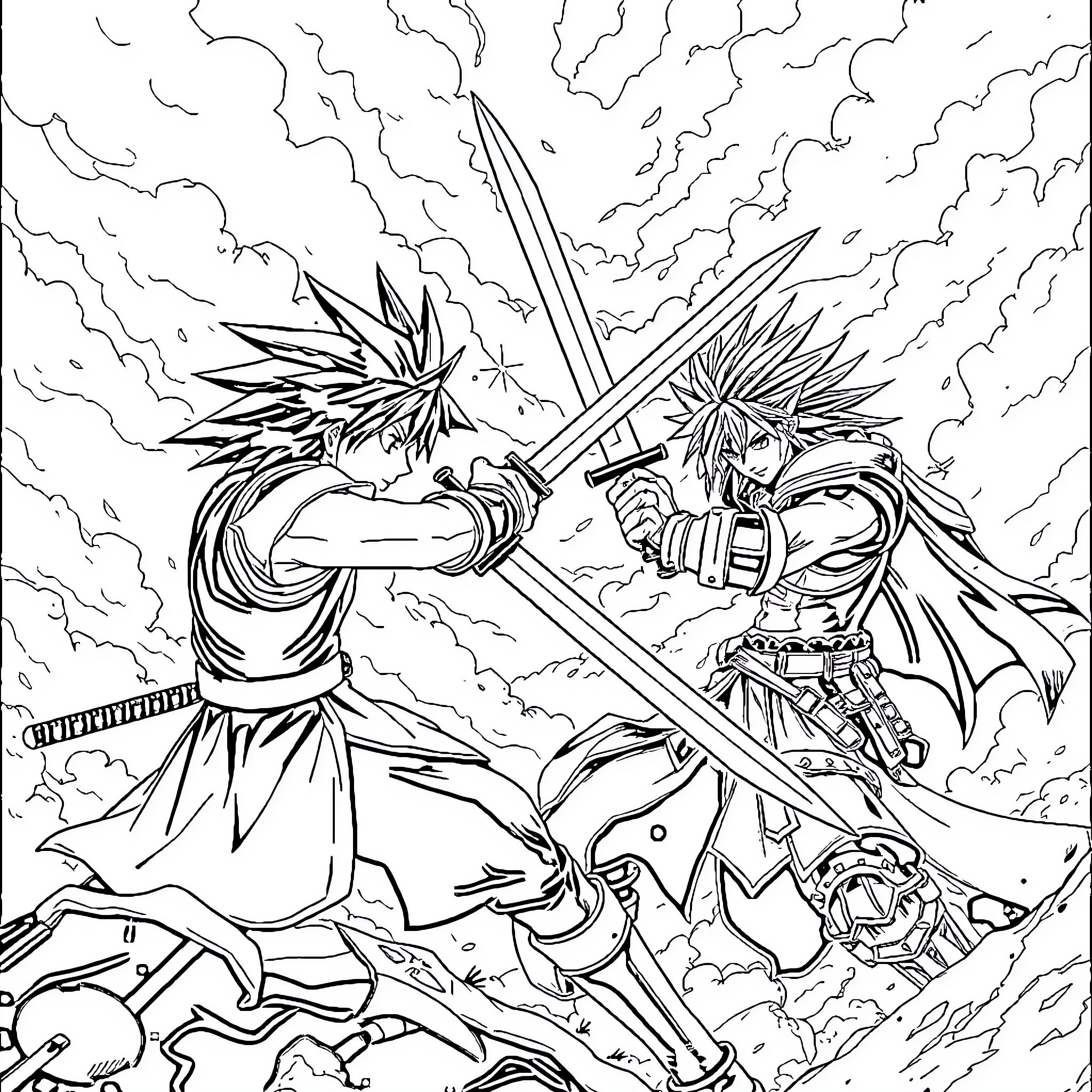 Cloud Strife in epic sword battle Coloring Page (free black-and-white line drawing printable PDF for all, from beginners to advanced learners, including children, teens, adults, and seniors)