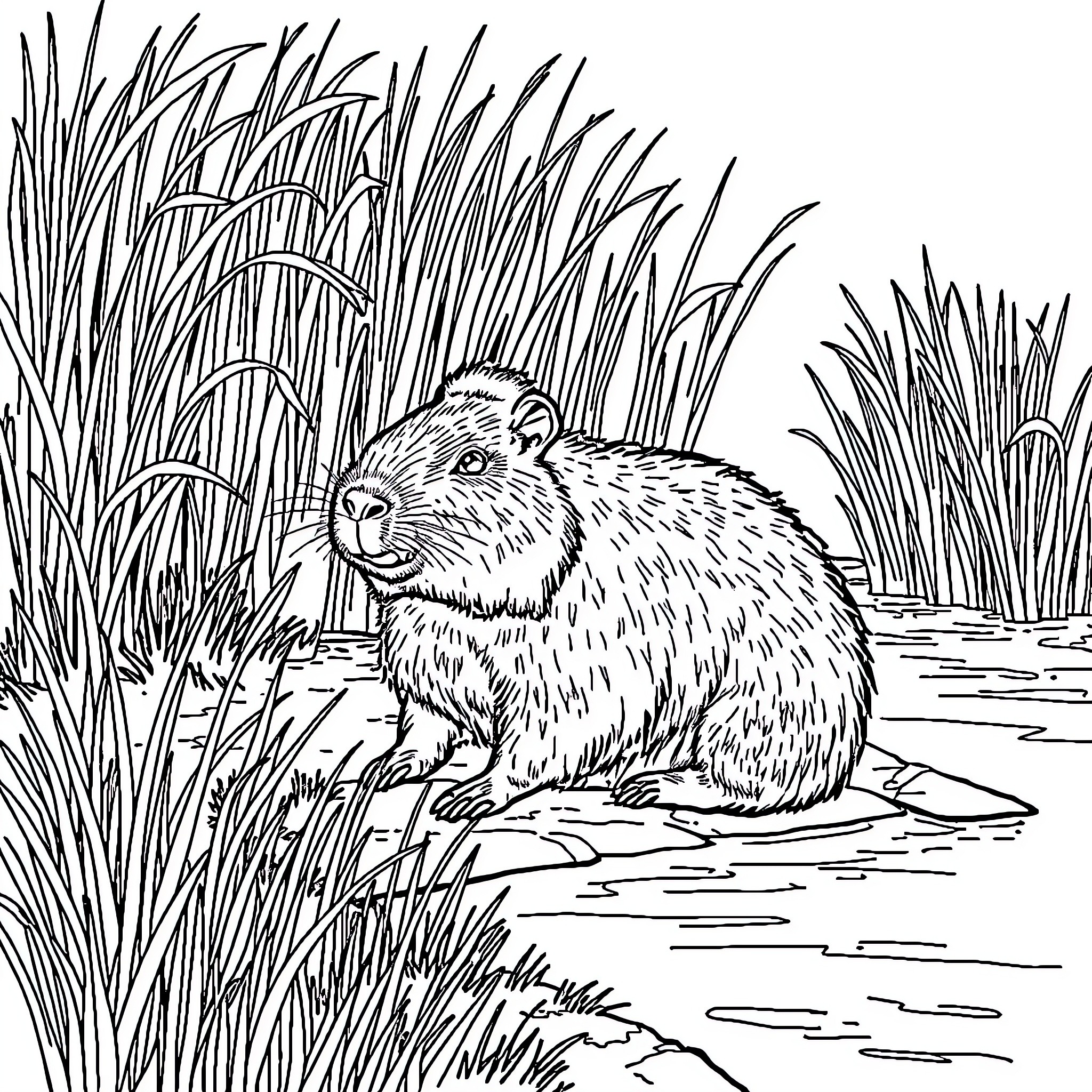 Capybara resting peacefully in the tall grass Coloring Page (free black-and-white line drawing printable PDF for all, from beginners to advanced learners, including children, teens, adults, and seniors)