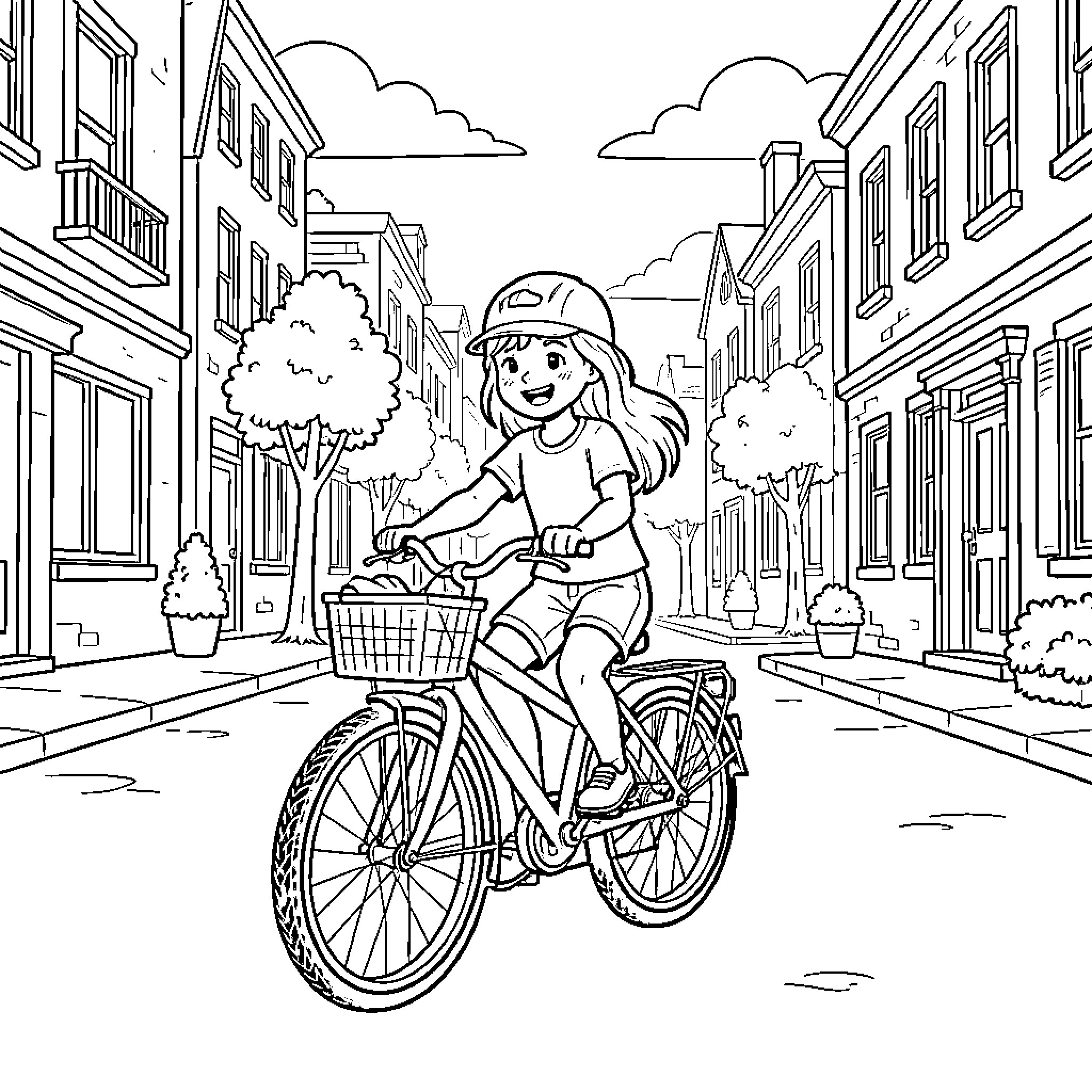 Girl Riding Bicycle through Town Street Coloring Page (free black-and-white line drawing printable PDF for all, from beginners to advanced learners, including children, teens, adults, and seniors)