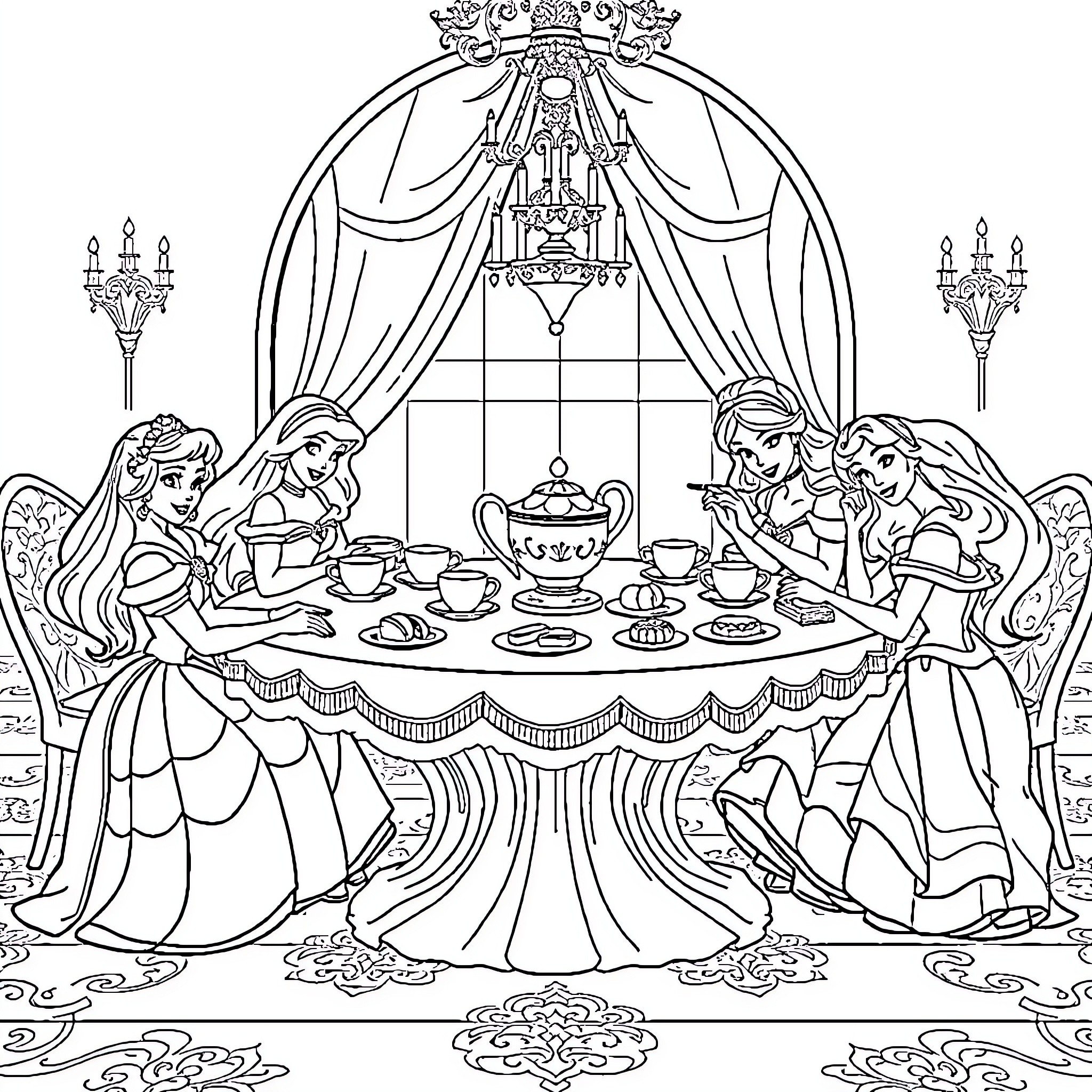 Disney Princess Tea Party Celebration Coloring Page (free black-and-white line drawing printable PDF for all, from beginners to advanced learners, including children, teens, adults, and seniors)