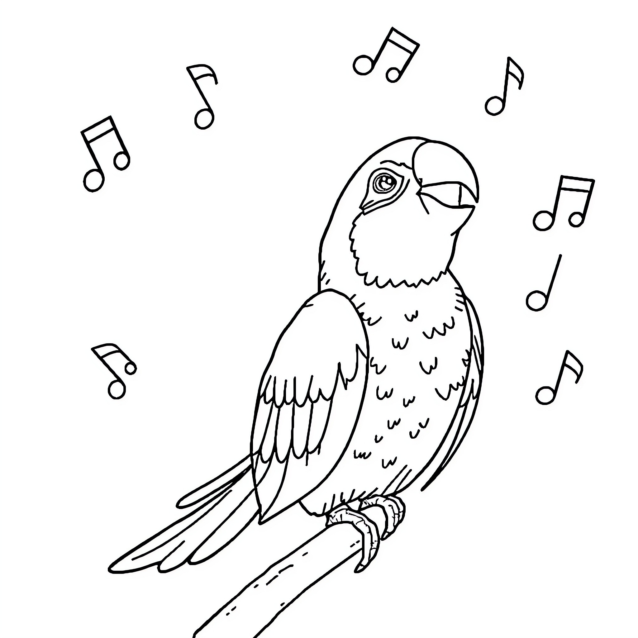 Parrot singing and surrounded by musical notes Coloring Page (free black-and-white line drawing printable PDF for all, from beginners to advanced learners, including children, teens, adults, and seniors)