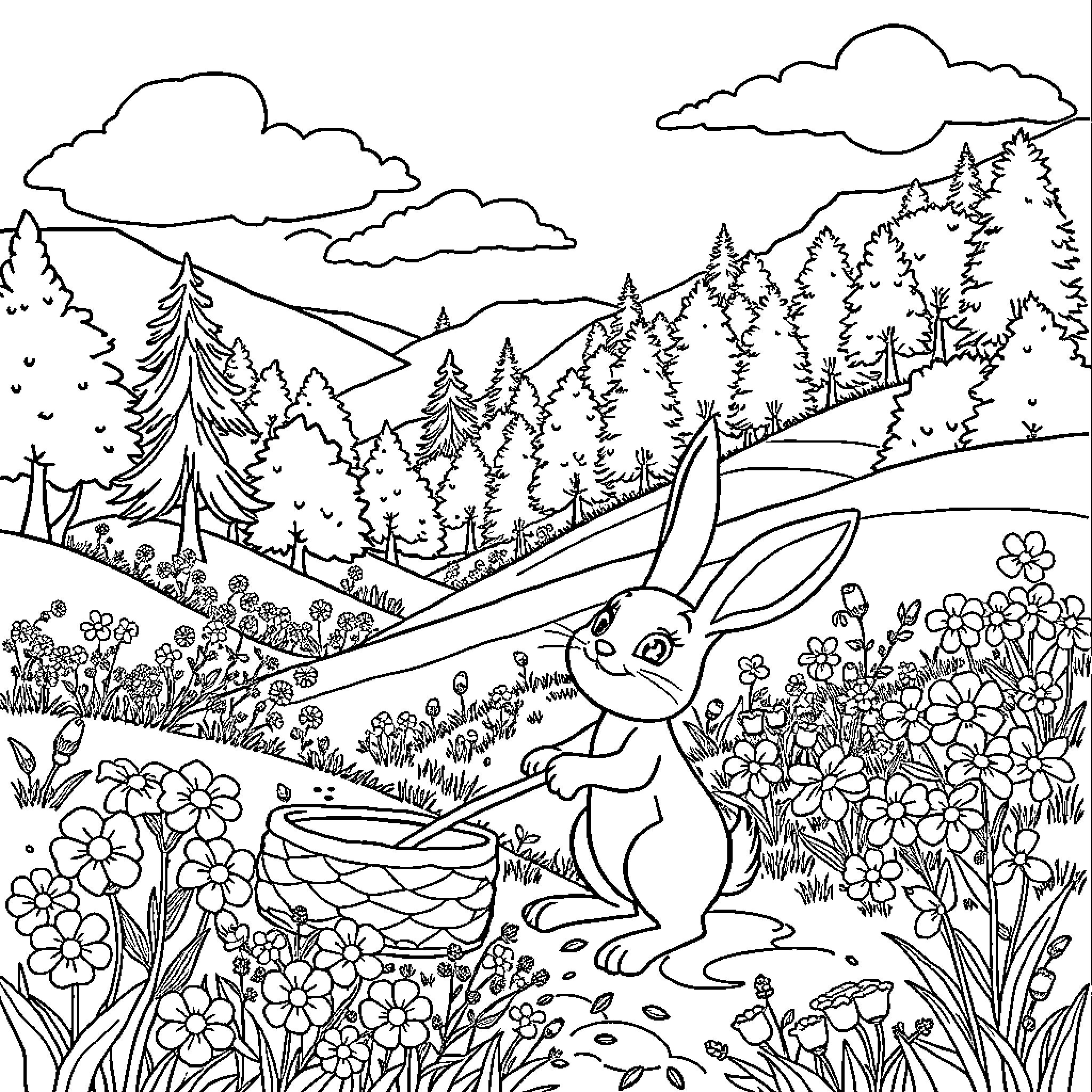 Rabbit hopping through a floral meadow Coloring Page (free black-and-white line drawing printable PDF for all, from beginners to advanced learners, including children, teens, adults, and seniors)