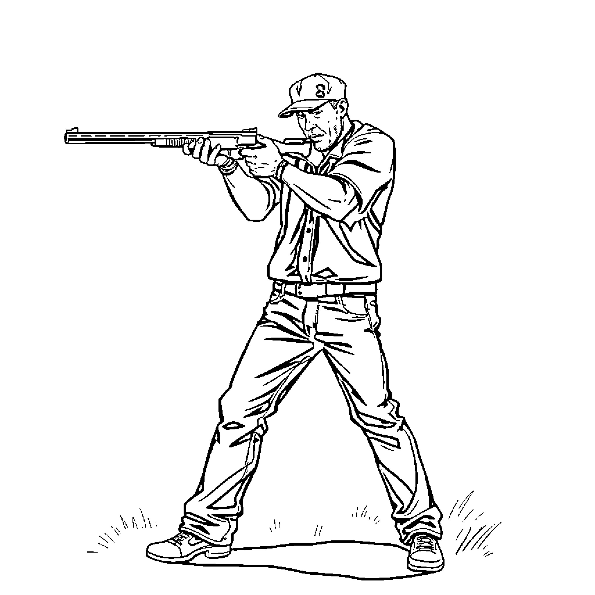 Man holding firearm in defensive stance Coloring Page (free black-and-white line drawing printable PDF for all, from beginners to advanced learners, including children, teens, adults, and seniors)