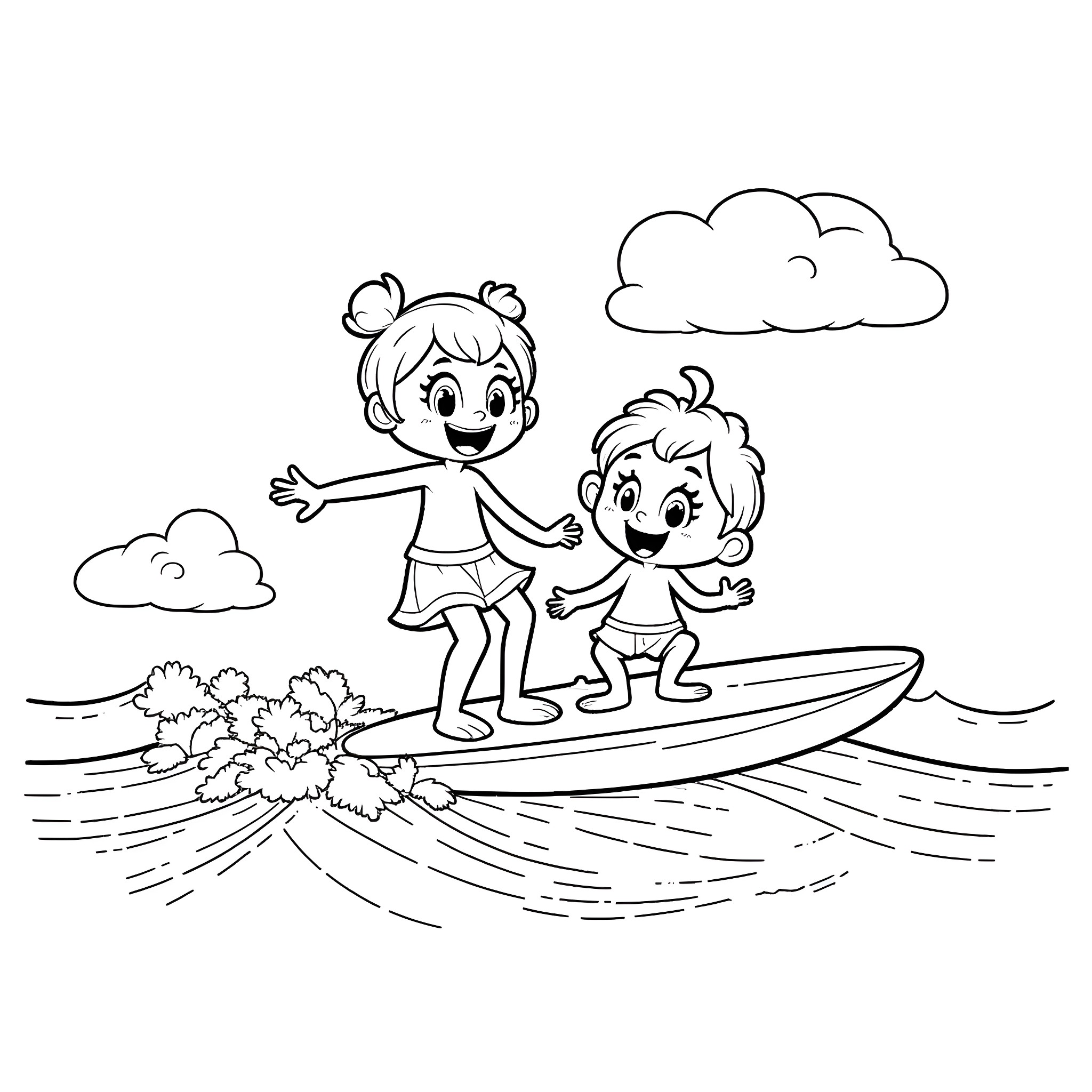 Bluey and sibling surfing in the ocean Coloring Page (free black-and-white line drawing printable PDF for all, from beginners to advanced learners, including children, teens, adults, and seniors)