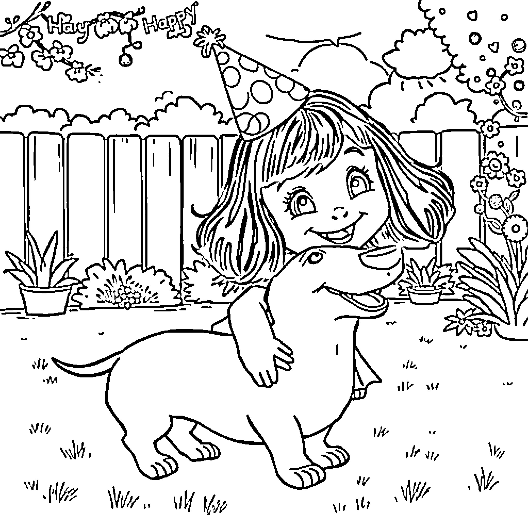 Birthday Girl playing with puppy in a happy garden scene Coloring Page (free black-and-white line drawing printable PDF for all, from beginners to advanced learners, including children, teens, adults, and seniors)