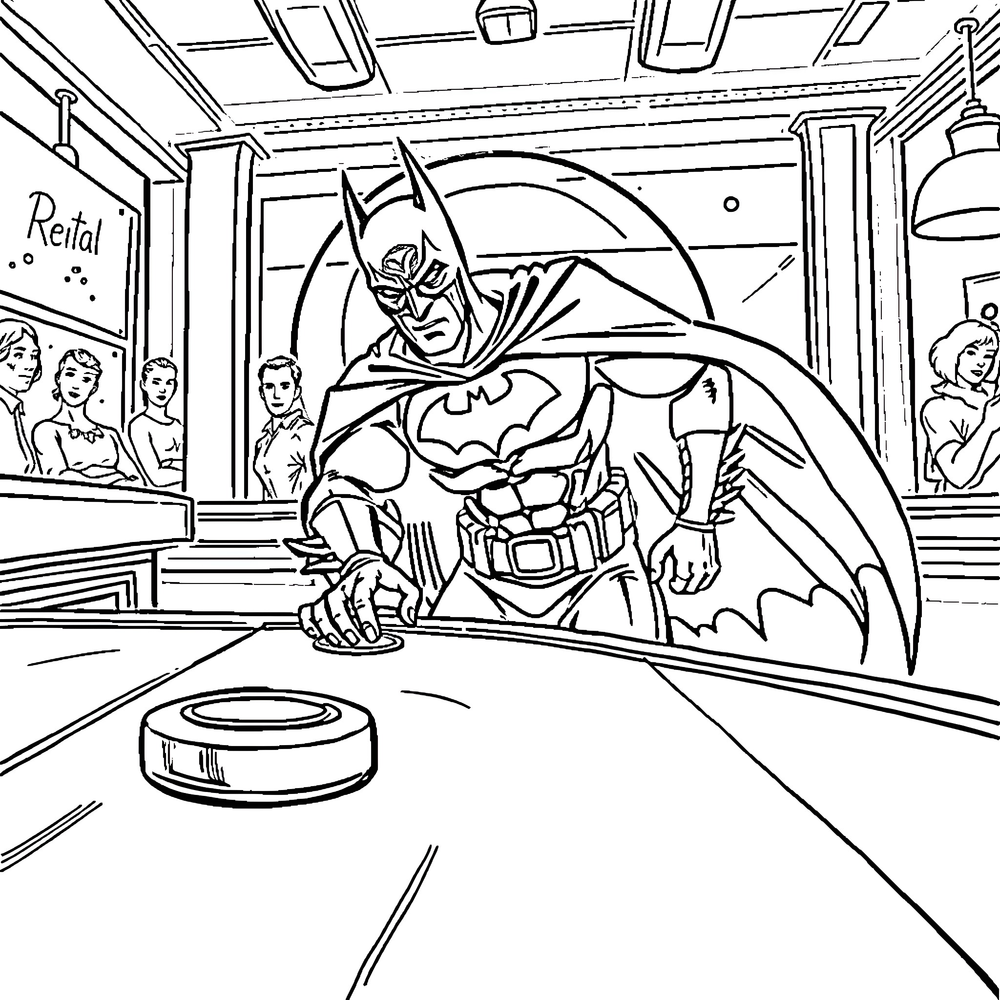 Batman leaping into action in a rental store Coloring Page (free black-and-white line drawing printable PDF for all, from beginners to advanced learners, including children, teens, adults, and seniors)