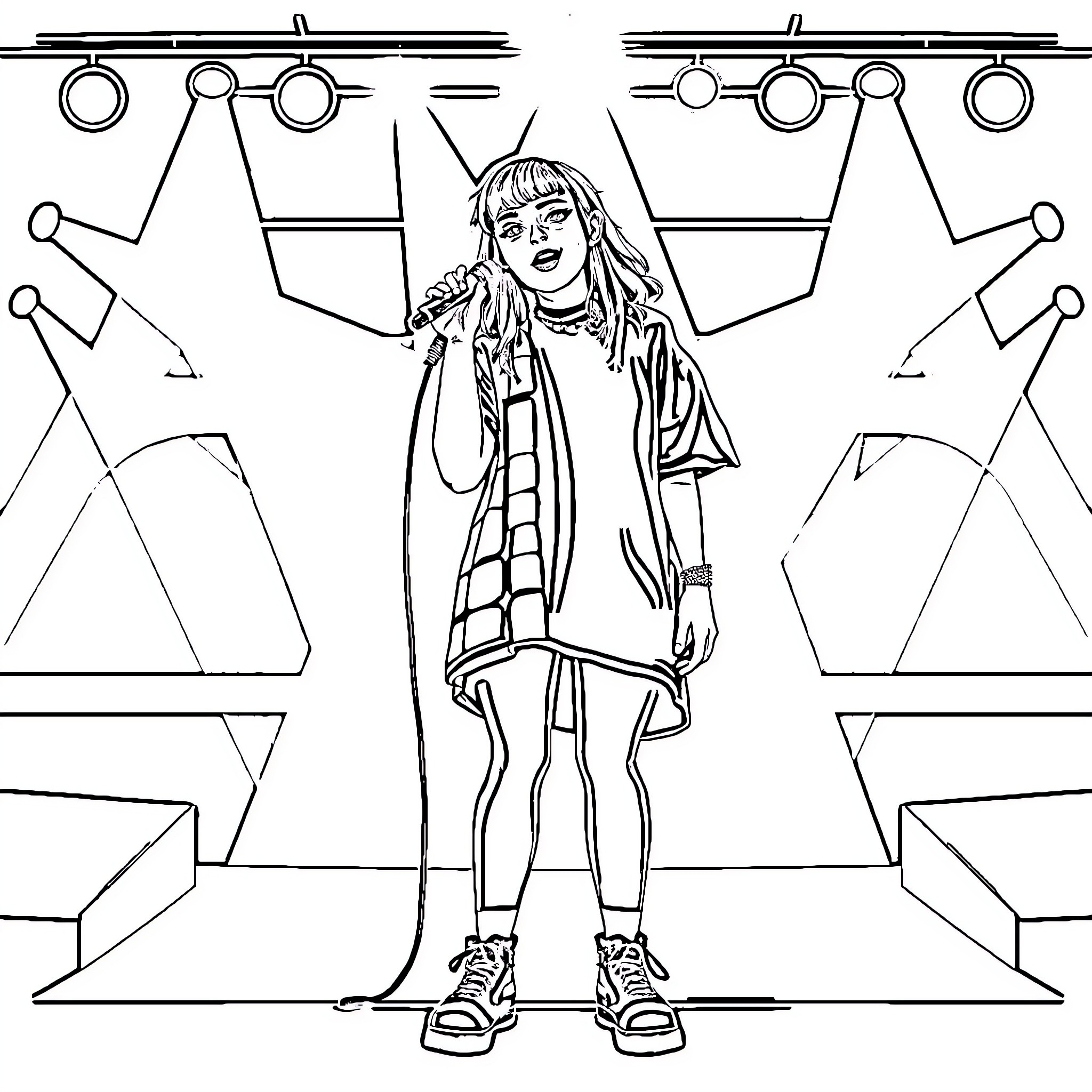 Billie Eilish on stage performing Coloring Page (free black-and-white line drawing printable PDF for all, from beginners to advanced learners, including children, teens, adults, and seniors)