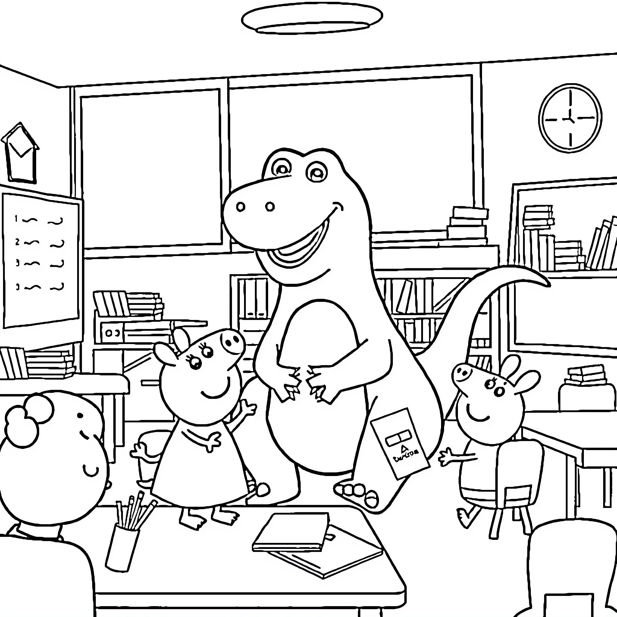 Barney and friends having fun in the classroom Coloring Page (free black-and-white line drawing printable PDF for all, from beginners to advanced learners, including children, teens, adults, and seniors)