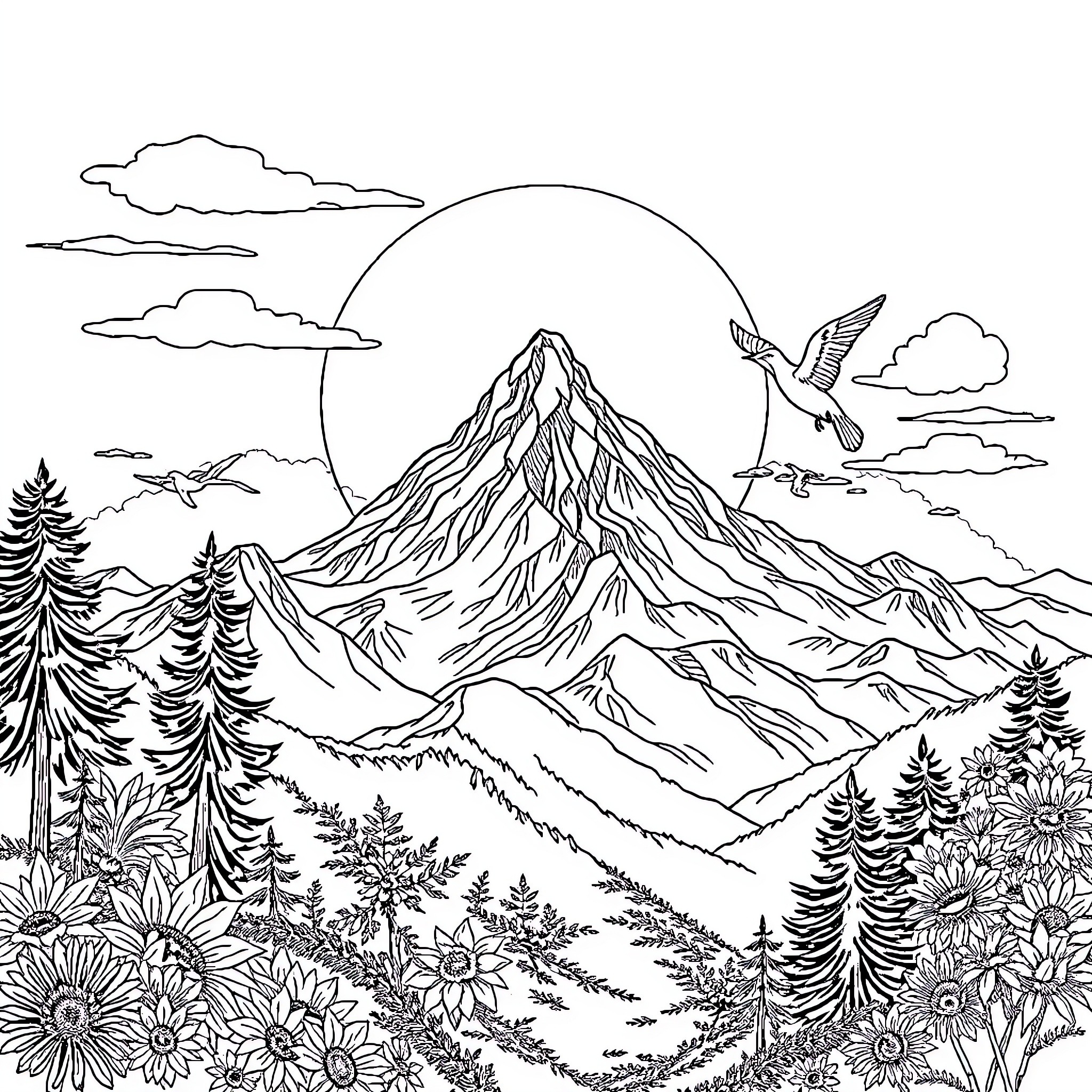 Landscape with majestic mountain and soaring birds Coloring Page (free black-and-white line drawing printable PDF for all, from beginners to advanced learners, including children, teens, adults, and seniors)
