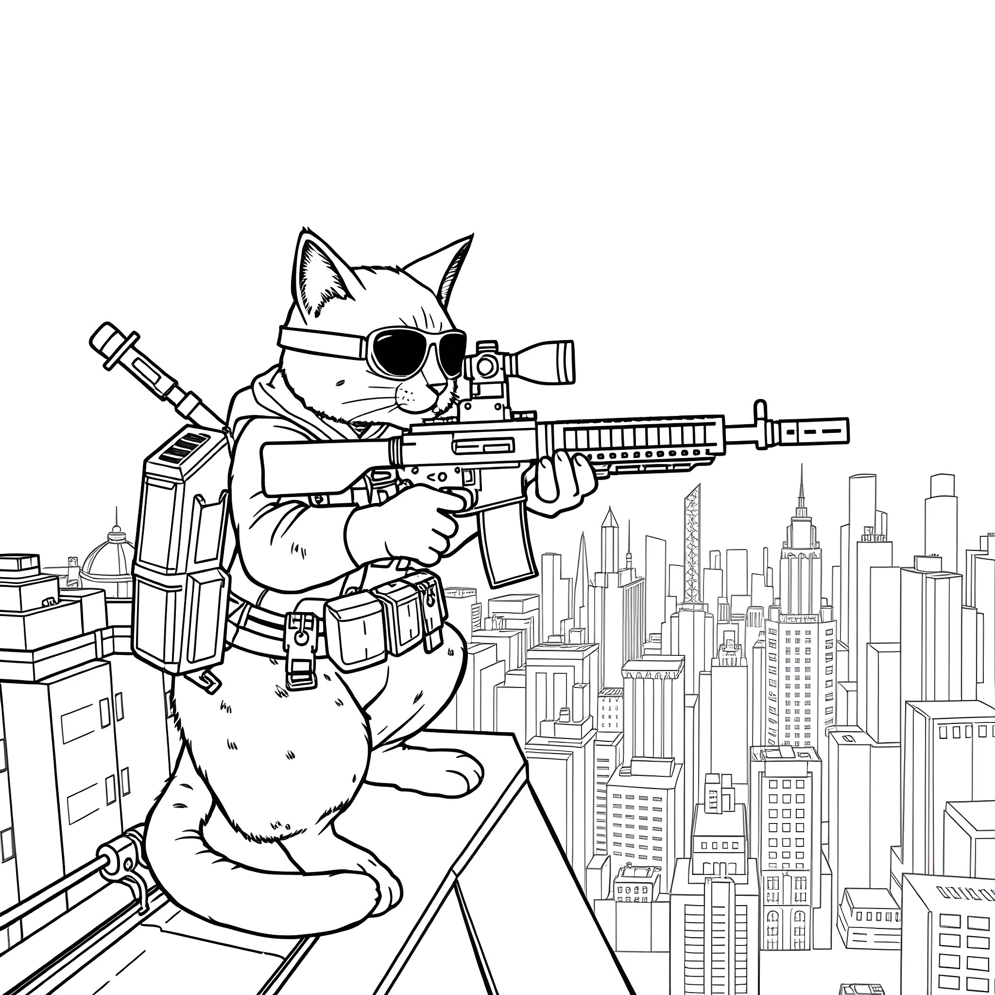 Cat Military Sniper in Urban Skyline Coloring Page (free black-and-white line drawing printable PDF for all, from beginners to advanced learners, including children, teens, adults, and seniors)