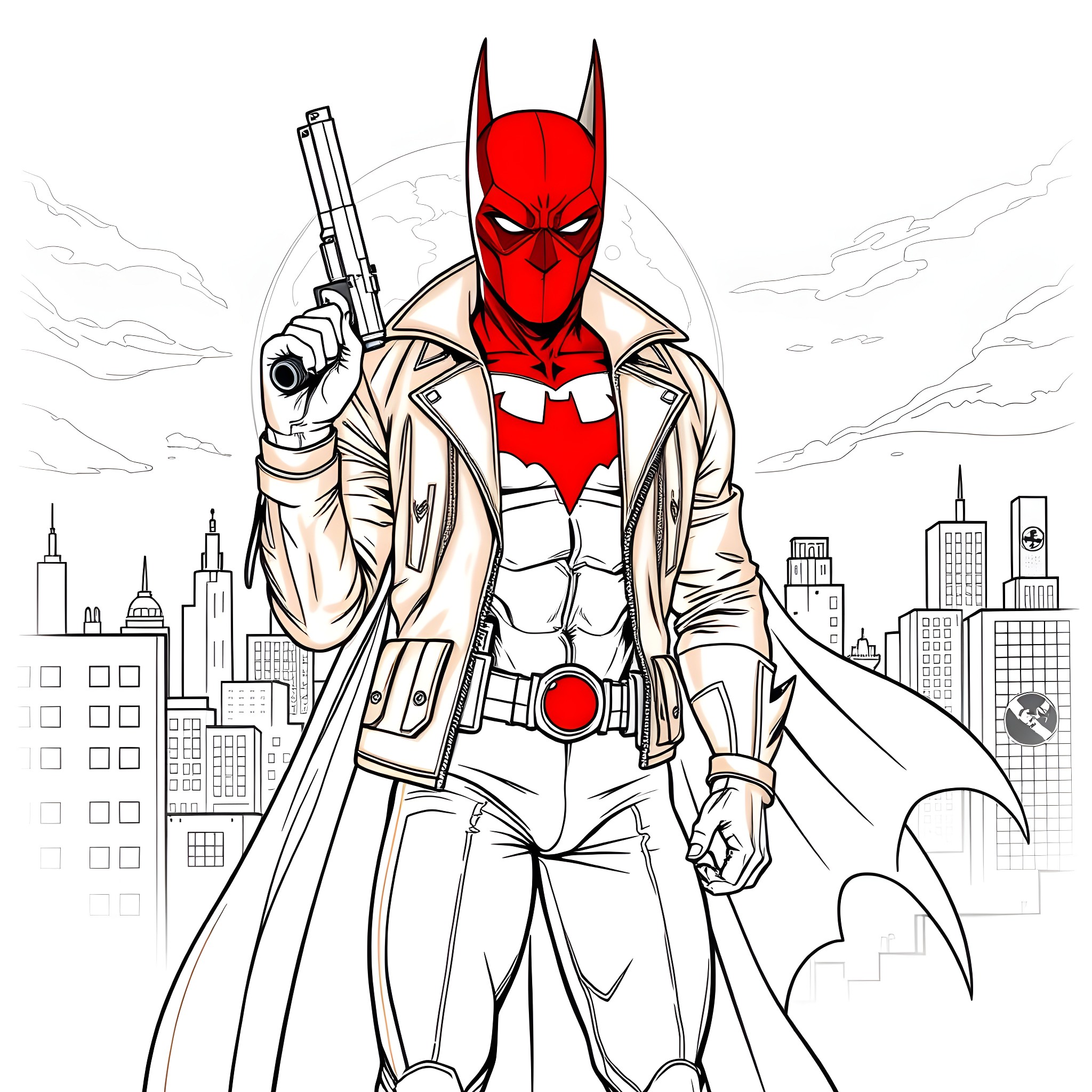 Jason Todd as the Red Hood in urban setting Coloring Page (free black-and-white line drawing printable PDF for all, from beginners to advanced learners, including children, teens, adults, and seniors)