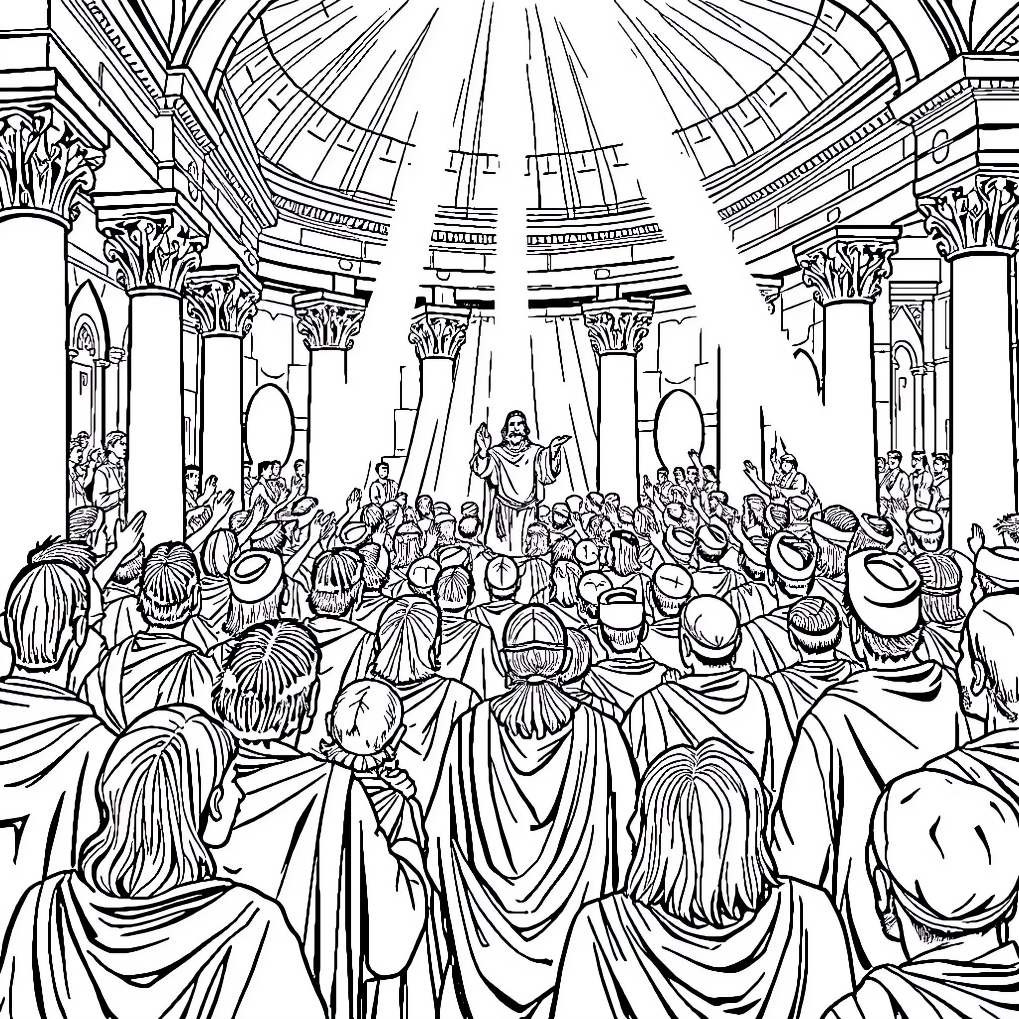 Bible scene of Jesus preaching to large crowd in temple Coloring Page (free black-and-white line drawing printable PDF for all, from beginners to advanced learners, including children, teens, adults, and seniors)