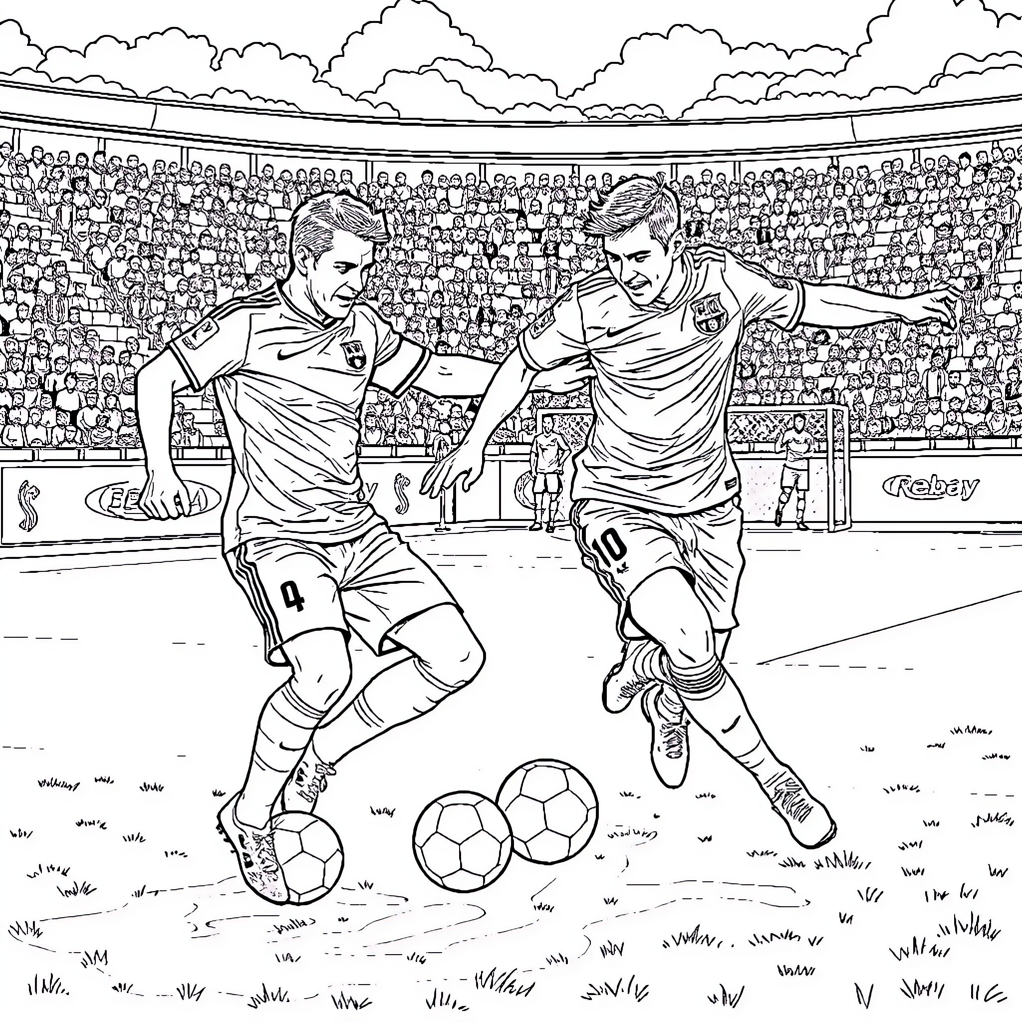 Football Players Competing on the Field Coloring Page (free black-and-white line drawing printable PDF for all, from beginners to advanced learners, including children, teens, adults, and seniors)