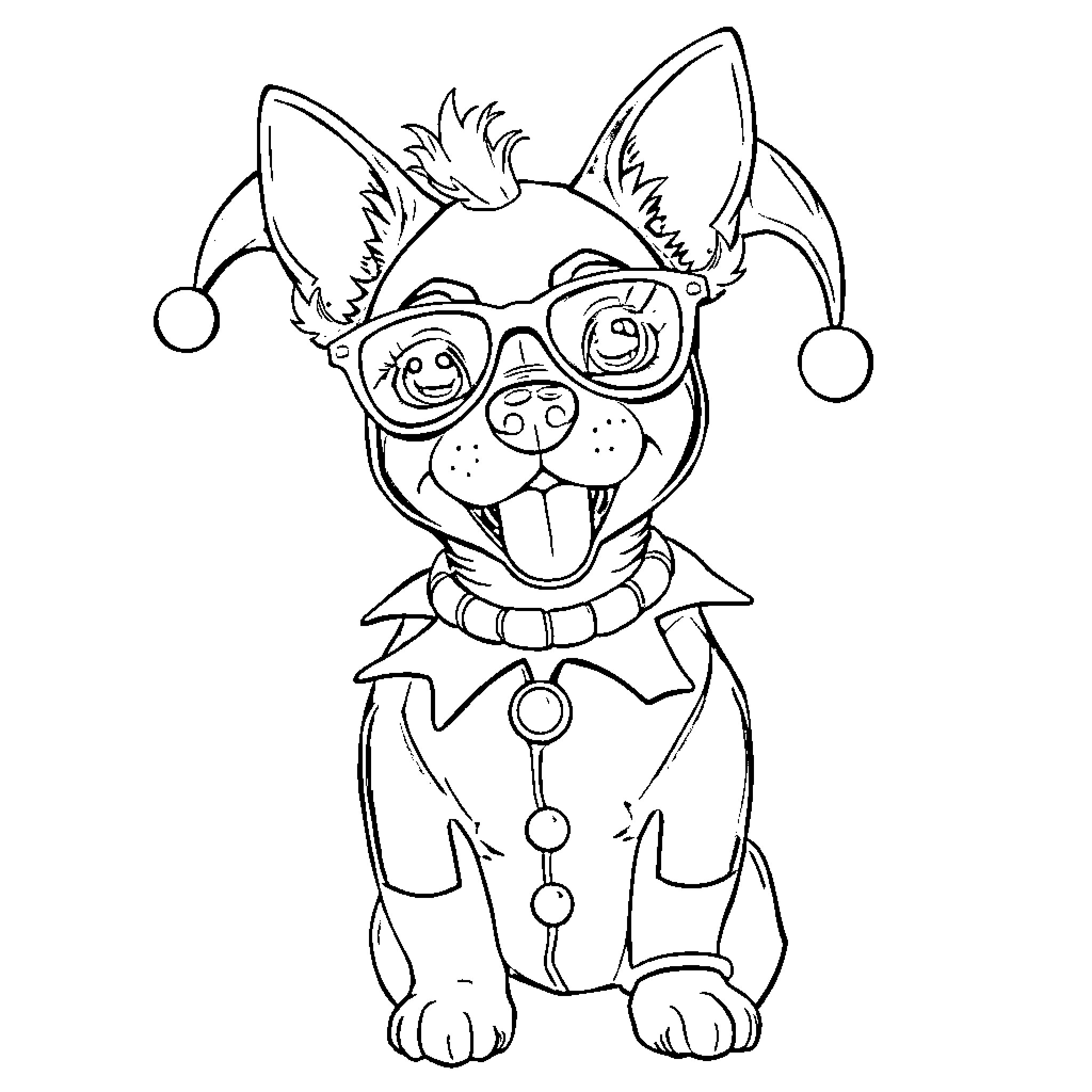 Rumi the Playful Chihuahua in Jester Attire Coloring Page (free black-and-white line drawing printable PDF for all, from beginners to advanced learners, including children, teens, adults, and seniors)