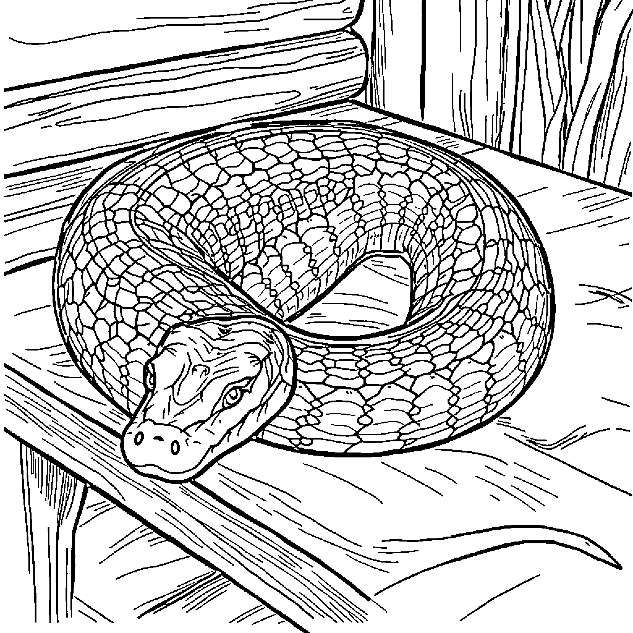 Anaconda coiled on a wooden surface Coloring Page (free black-and-white line drawing printable PDF for all, from beginners to advanced learners, including children, teens, adults, and seniors)