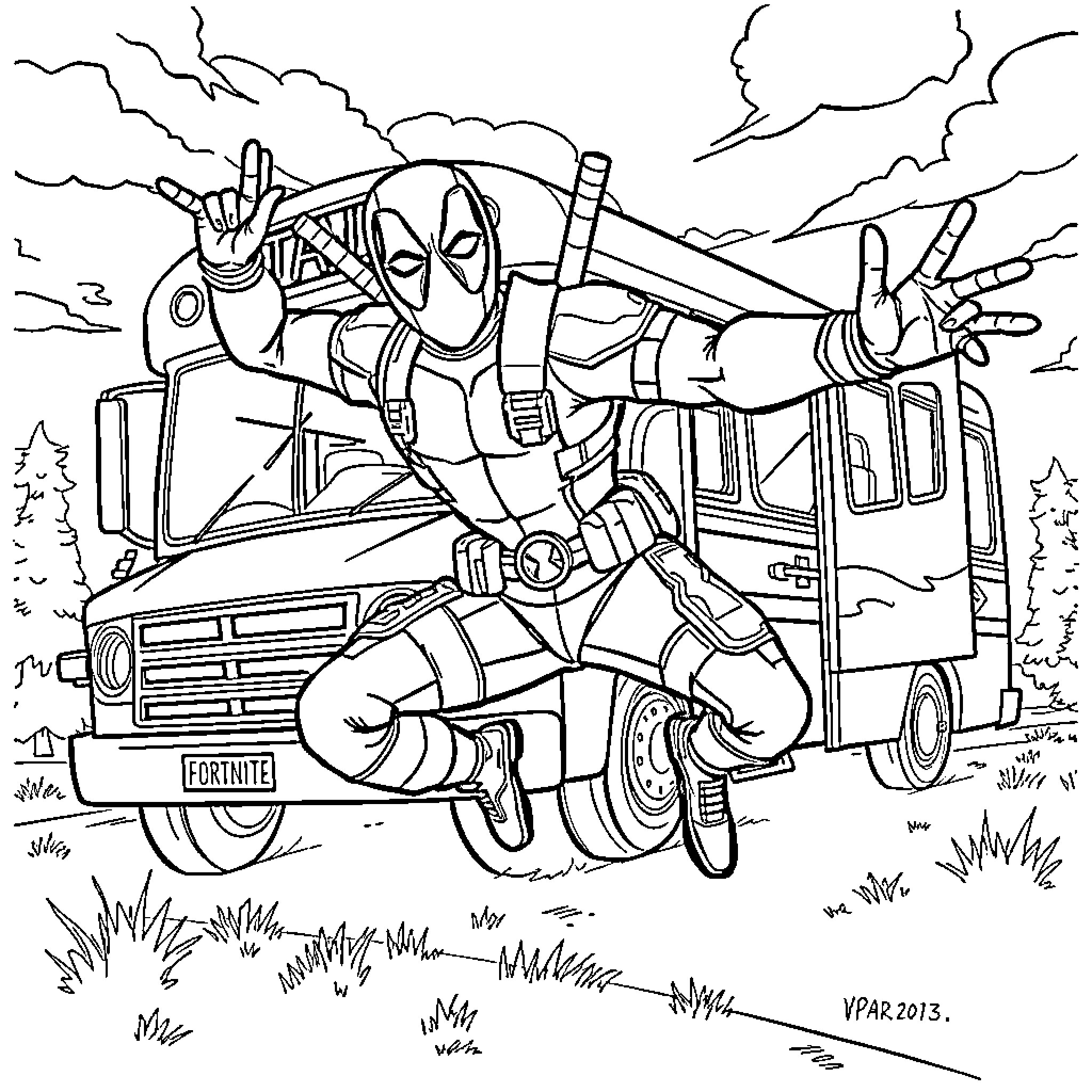 Deadpool's Crazy Antics in the Fortnite Truck Coloring Page (free black-and-white line drawing printable PDF for all, from beginners to advanced learners, including children, teens, adults, and seniors)