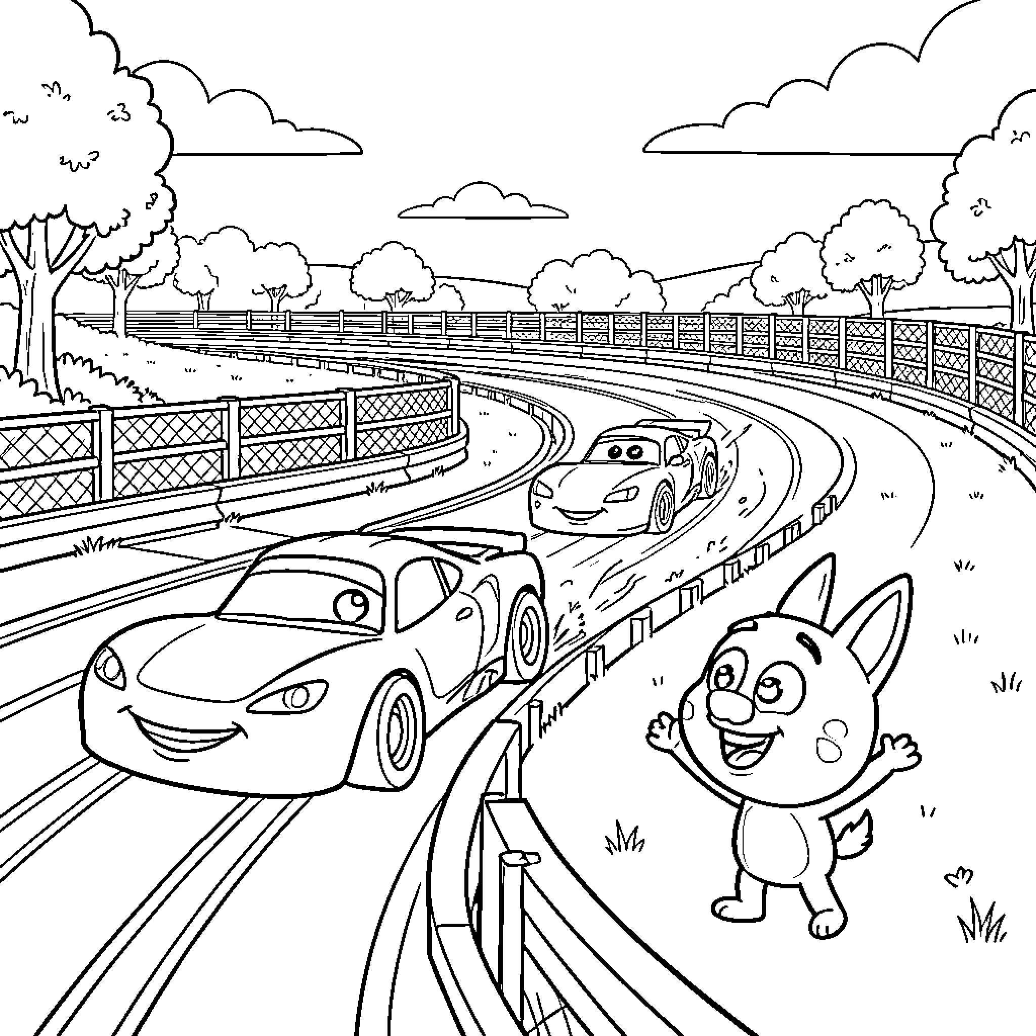 Hot Wheels racing cars speeding past a cheering bunny Coloring Page (free black-and-white line drawing printable PDF for all, from beginners to advanced learners, including children, teens, adults, and seniors)