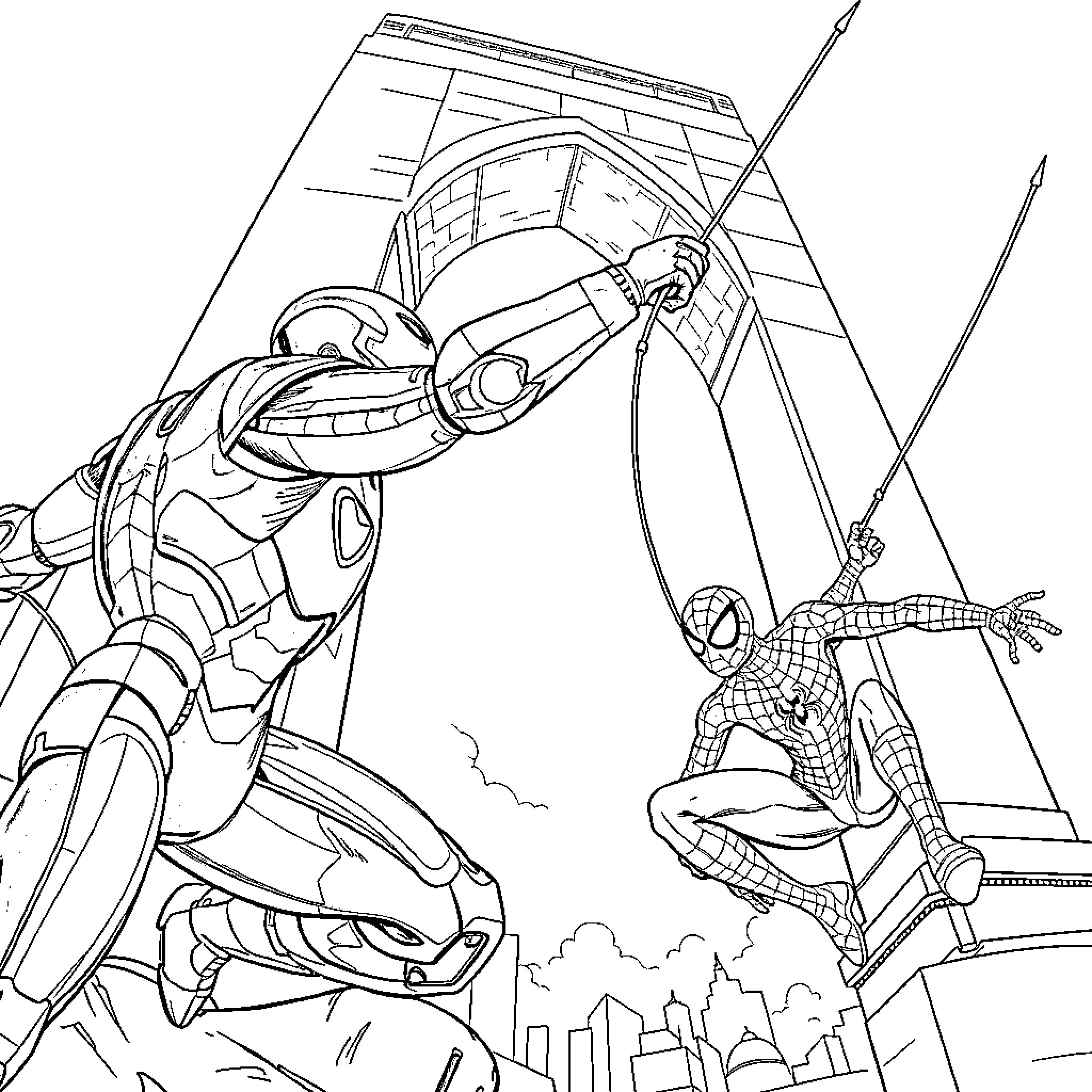 Iron Man and Spider-Man battle in the city Coloring Page (free black-and-white line drawing printable PDF for all, from beginners to advanced learners, including children, teens, adults, and seniors)