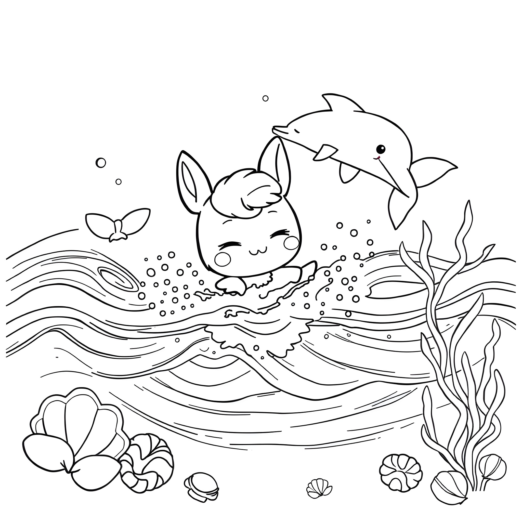 Cinnamoroll playing in the underwater ocean scene Coloring Page (free black-and-white line drawing printable PDF for all, from beginners to advanced learners, including children, teens, adults, and seniors)