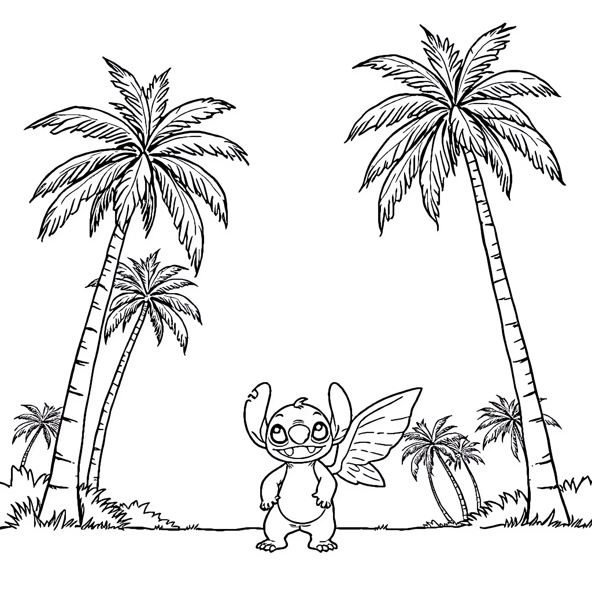 Stitch enjoying palm trees in tropical paradise Coloring Page (free black-and-white line drawing printable PDF for all, from beginners to advanced learners, including children, teens, adults, and seniors)
