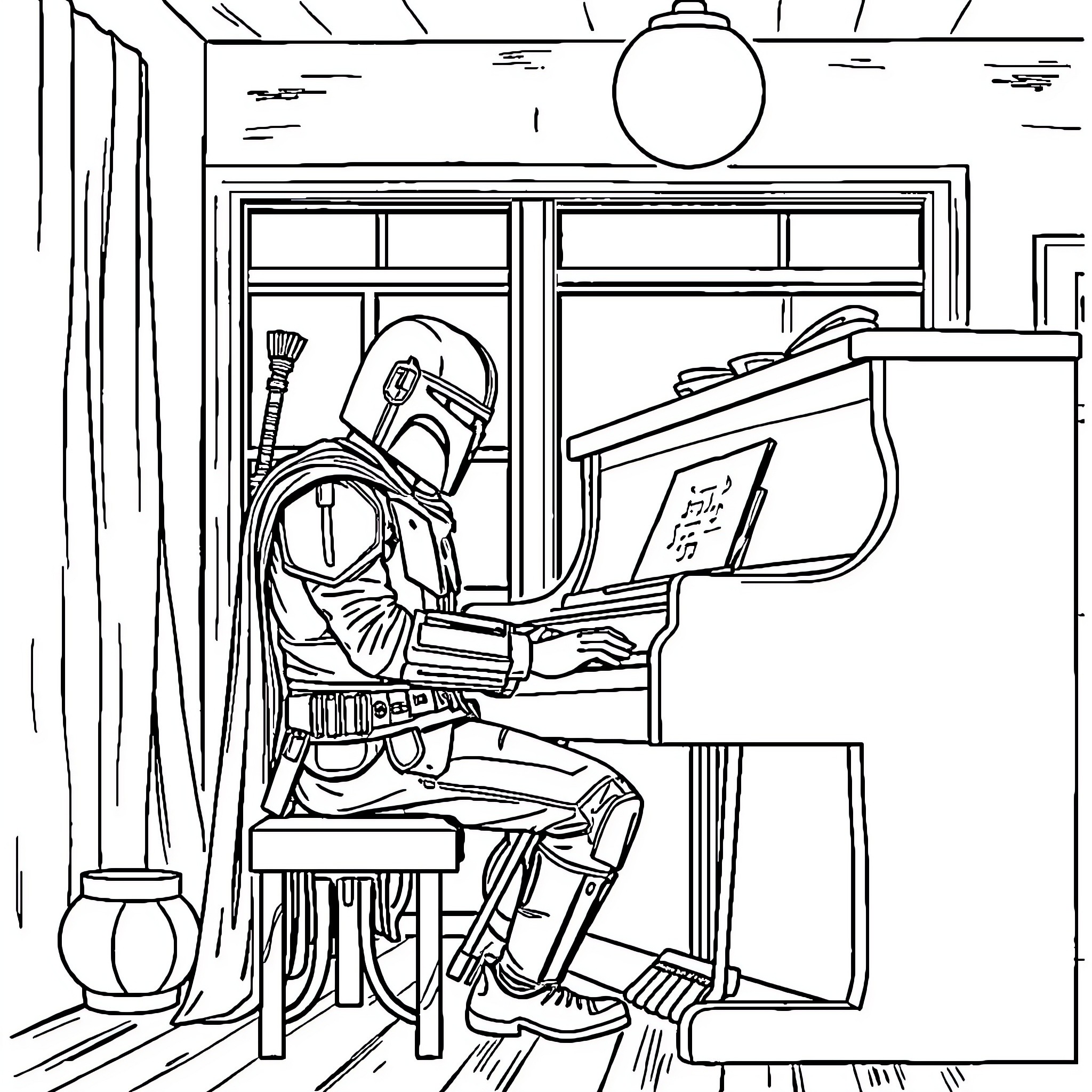 Mandalorian playing a piano in a cozy room Coloring Page (free black-and-white line drawing printable PDF for all, from beginners to advanced learners, including children, teens, adults, and seniors)