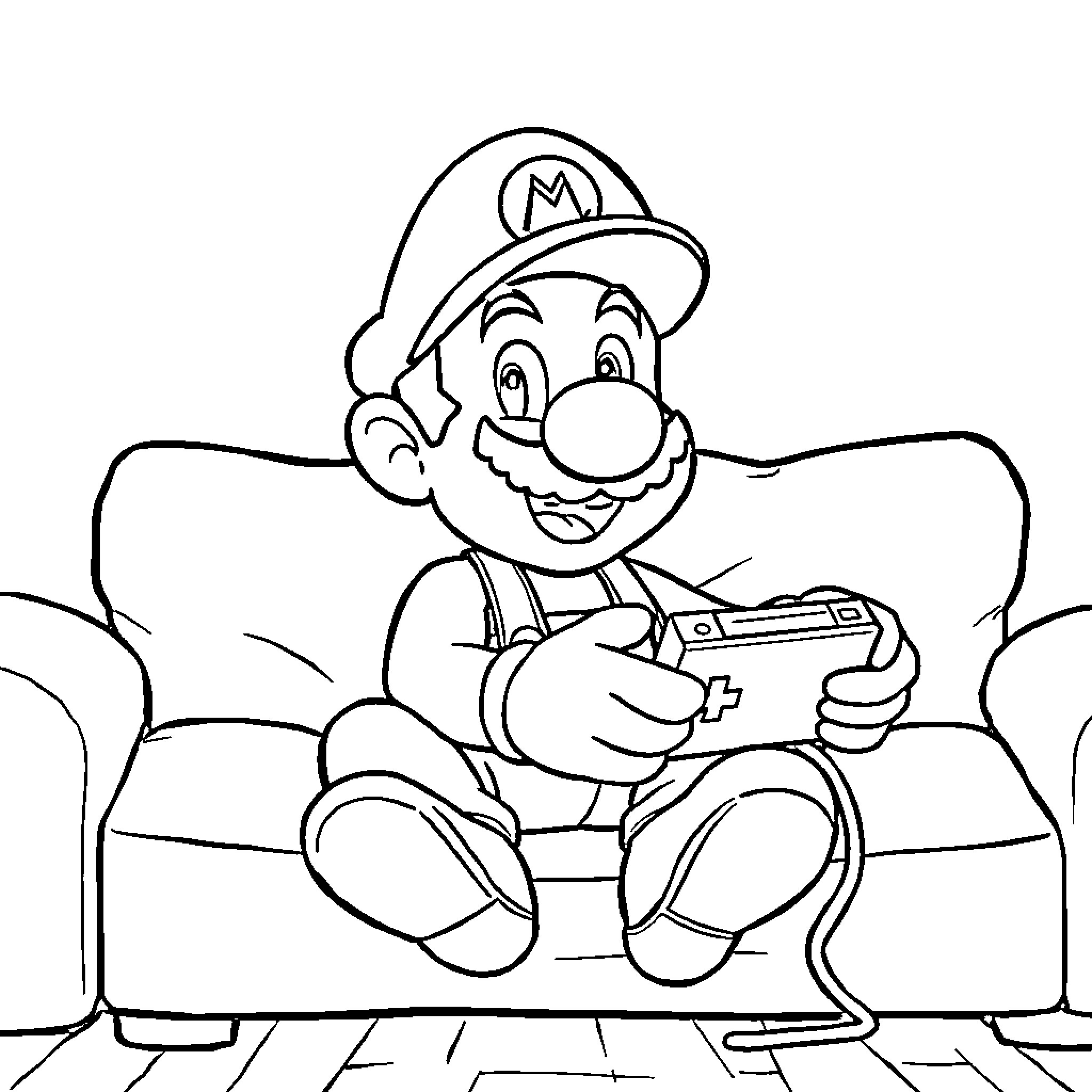 Super Mario playing video game on the couch Coloring Page (free black-and-white line drawing printable PDF for all, from beginners to advanced learners, including children, teens, adults, and seniors)