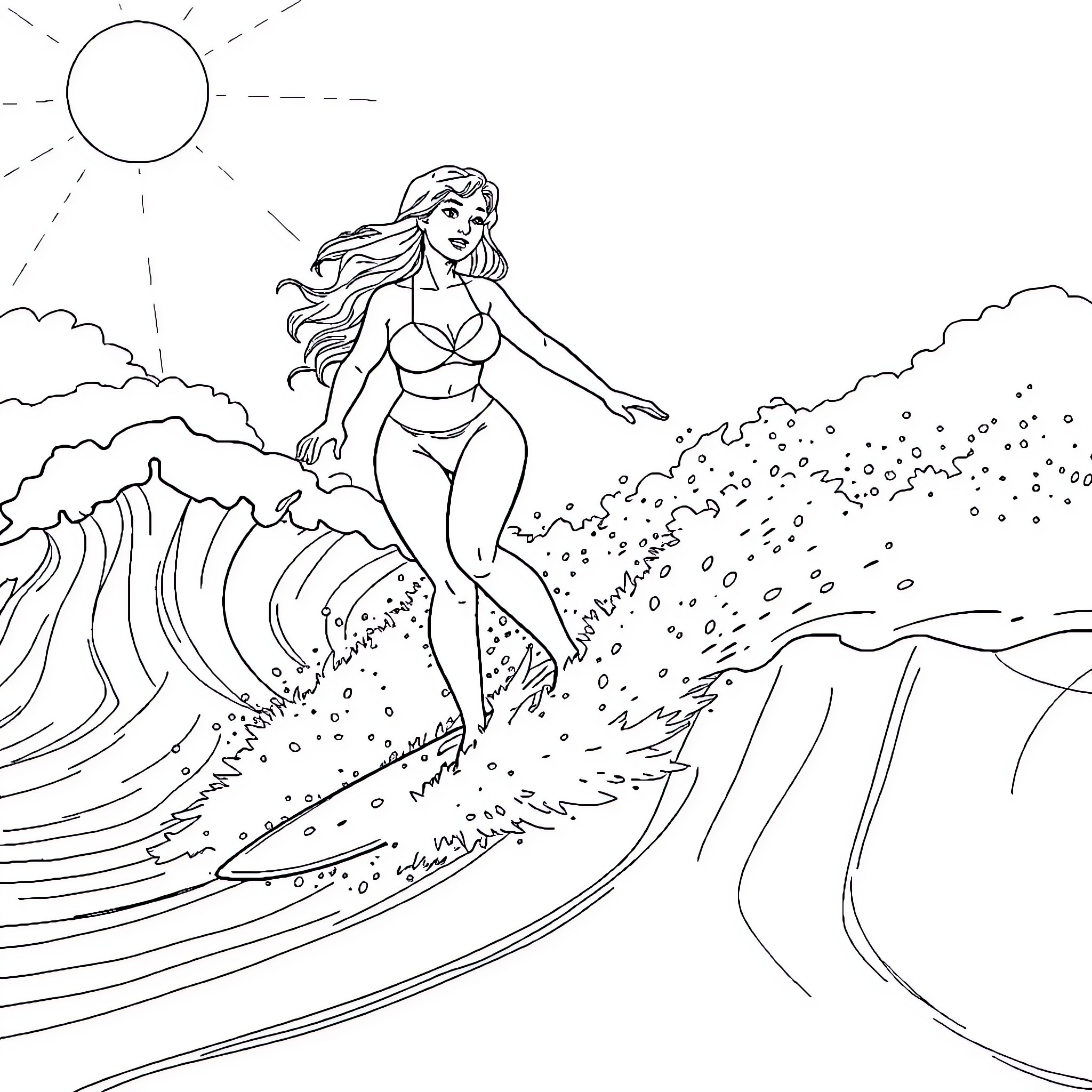 Queen surfing the waves on a sunny day Coloring Page (free black-and-white line drawing printable PDF for all, from beginners to advanced learners, including children, teens, adults, and seniors)