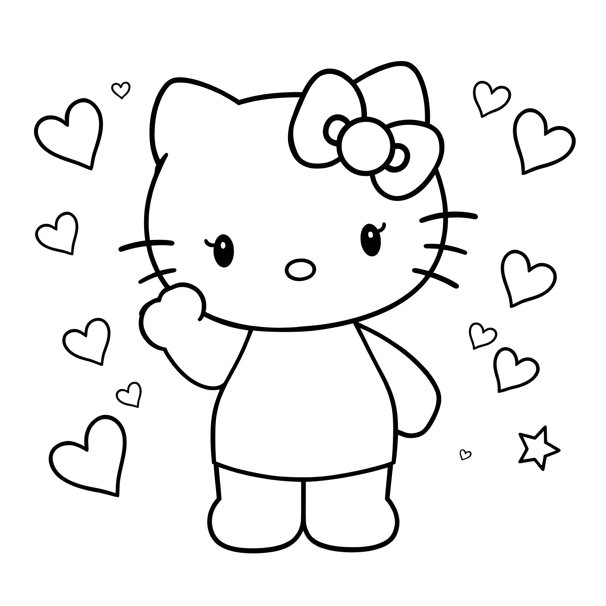 Hello Kitty surrounded by hearts and stars Coloring Page (free black-and-white line drawing printable PDF for all, from beginners to advanced learners, including children, teens, adults, and seniors)