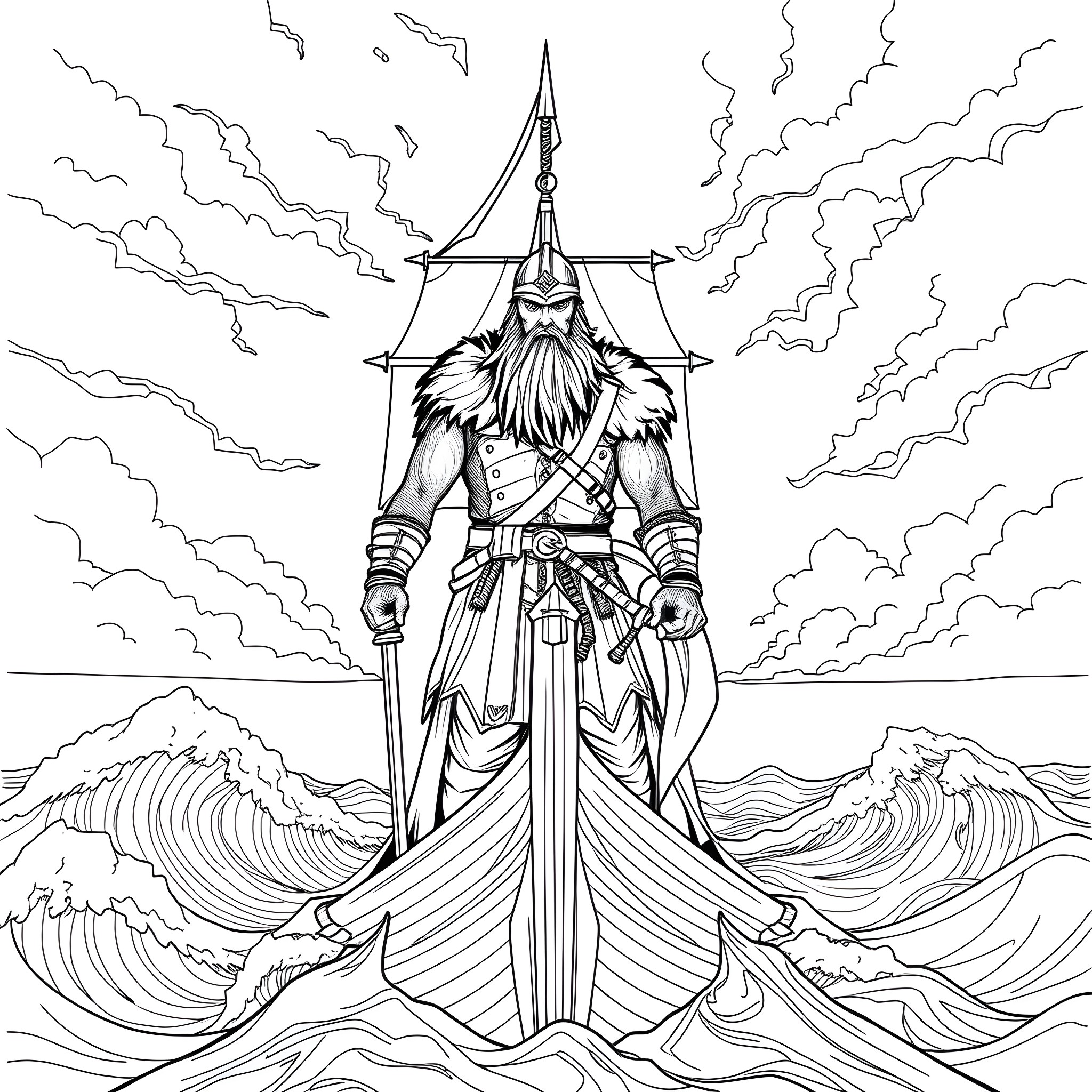 Viking warrior standing amidst stormy waves Coloring Page (free black-and-white line drawing printable PDF for all, from beginners to advanced learners, including children, teens, adults, and seniors)