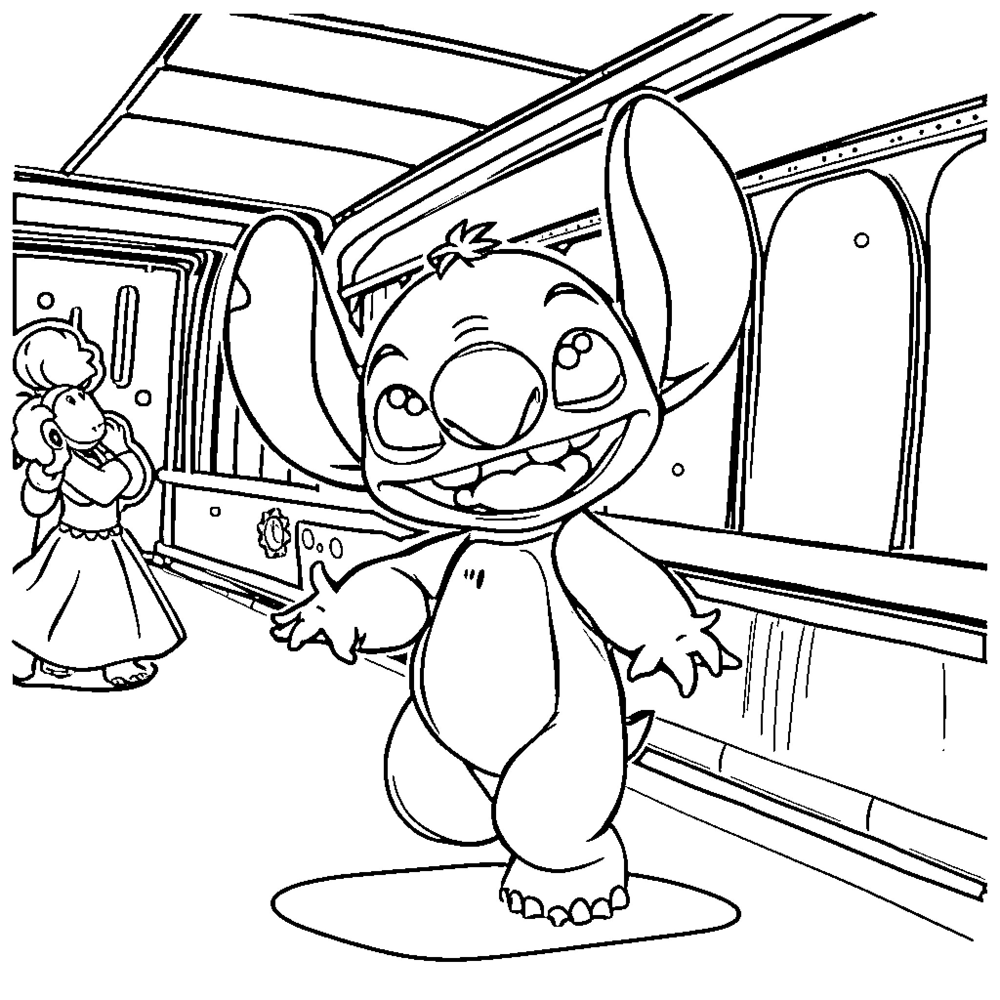 Stitch exploring a colorful and vibrant scene Coloring Page (free black-and-white line drawing printable PDF for all, from beginners to advanced learners, including children, teens, adults, and seniors)