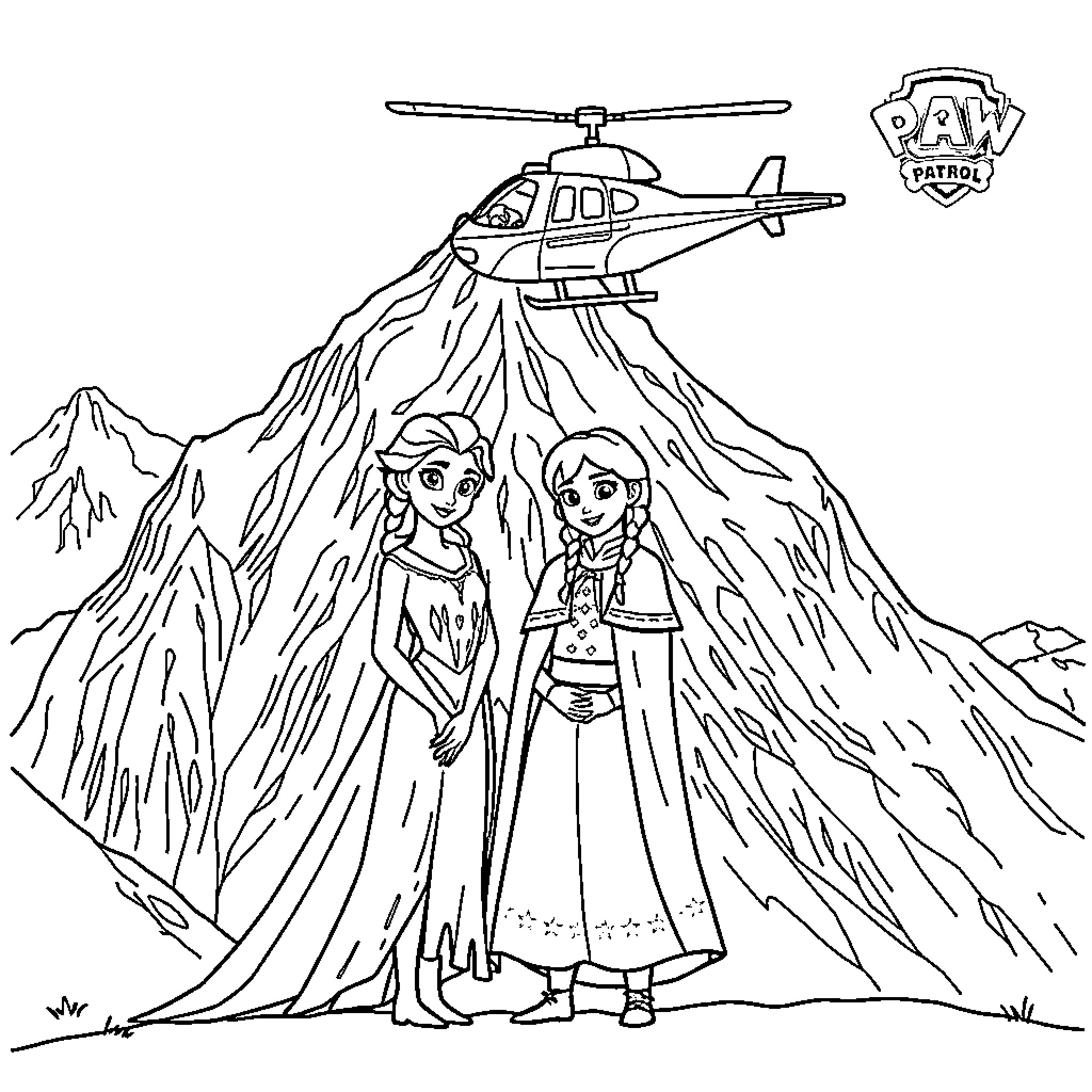 Elsa and Anna's Mountainous Adventure Coloring Page (free black-and-white line drawing printable PDF for all, from beginners to advanced learners, including children, teens, adults, and seniors)