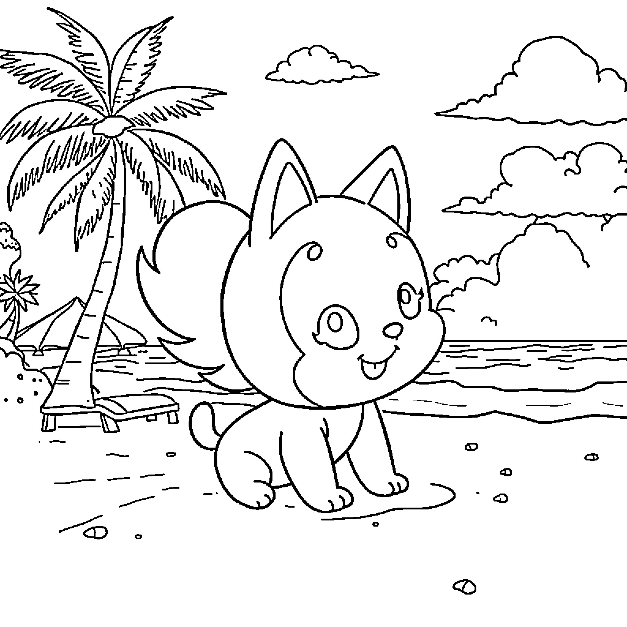 Kuromi enjoying a tropical beach day Coloring Page (free black-and-white line drawing printable PDF for all, from beginners to advanced learners, including children, teens, adults, and seniors)