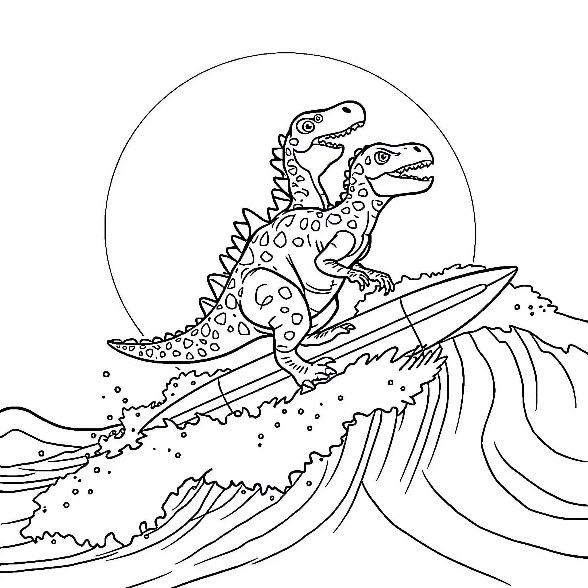 Dinosaurs riding the waves Coloring Page (free black-and-white line drawing printable PDF for all, from beginners to advanced learners, including children, teens, adults, and seniors)